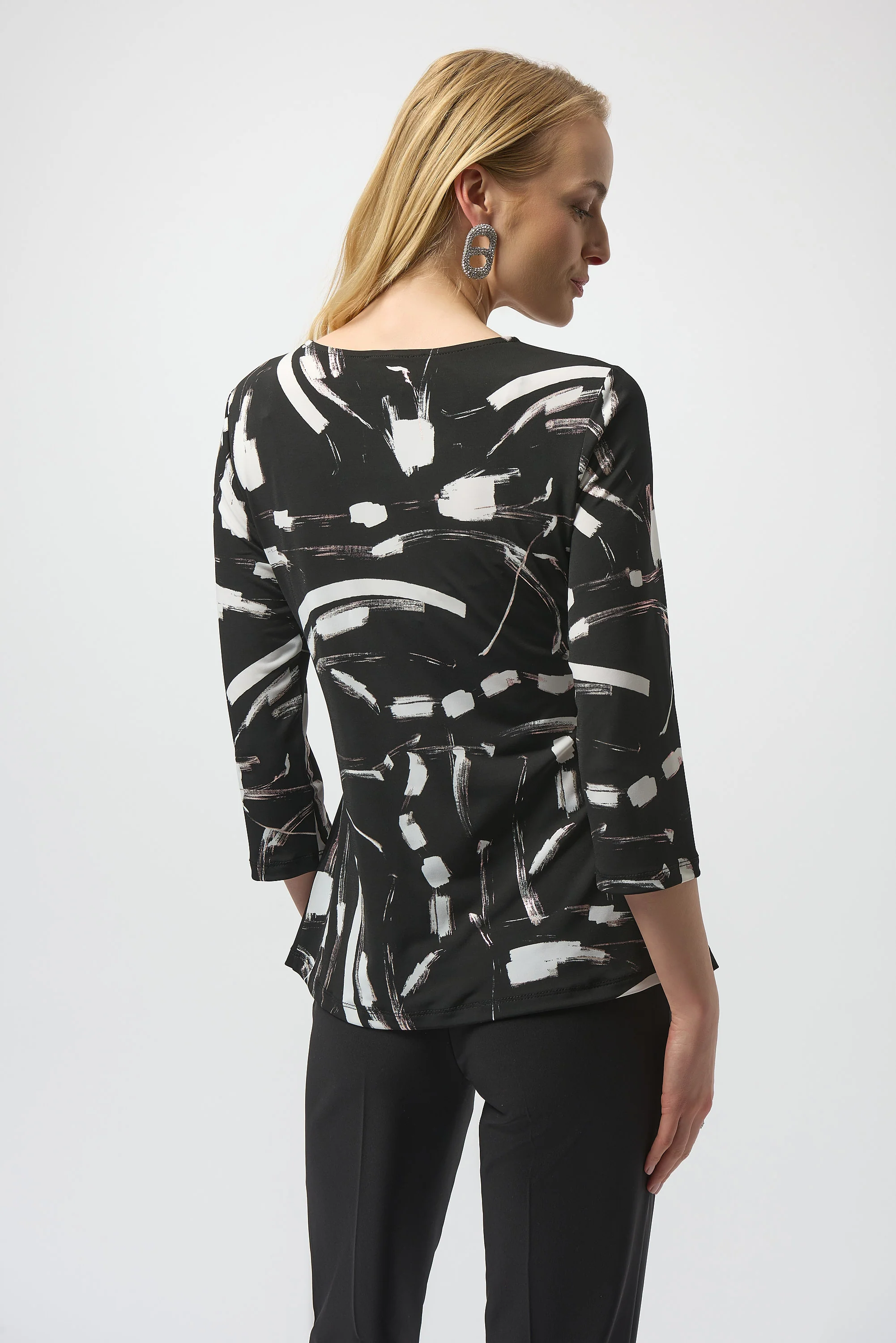 Joseph Ribkoff Black/Multi Abstract Print Asymmetrical Top Style 254165 - Image 3