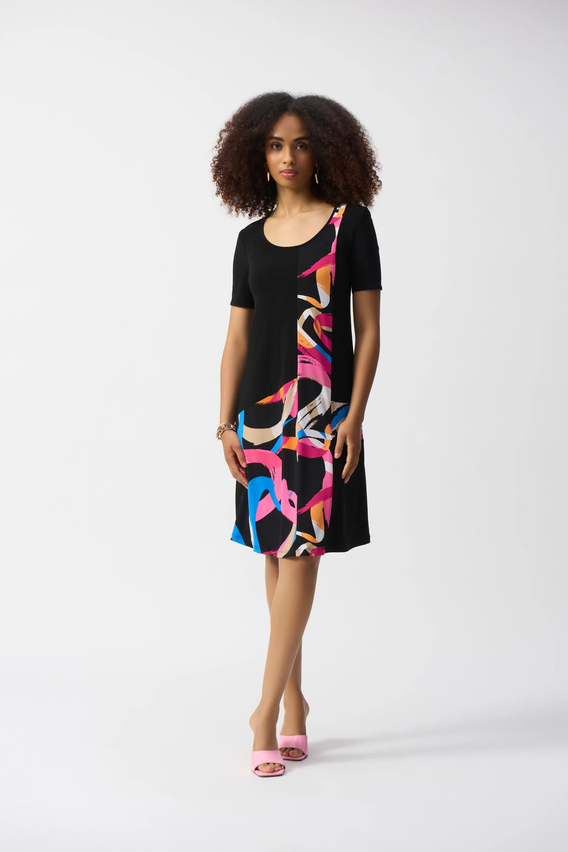 Joseph Ribkoff Black/Multi Abstract Print Trapeze Dress Style 251203 - Image 3