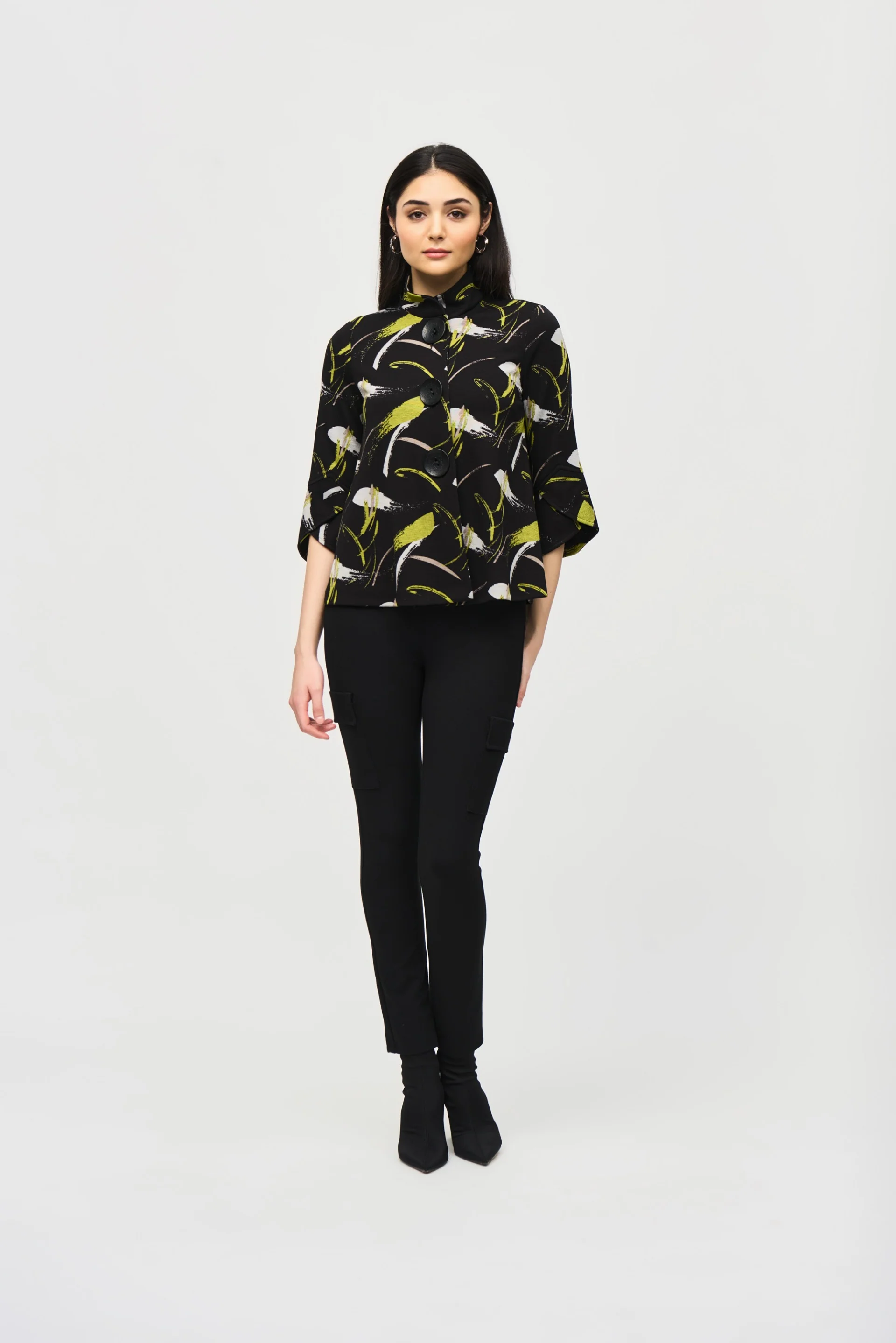 Joseph Ribkoff Black/Multi Abstract Print Trapeze Jacket Style 243326 - Image 4