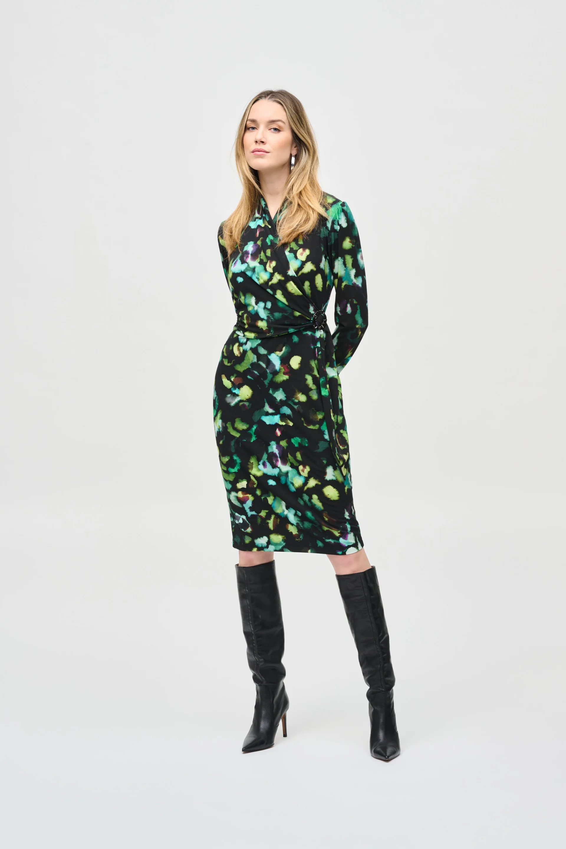 Joseph Ribkoff Black/Multi Abstract Print Wrap Dress Style 243321 - Image 3