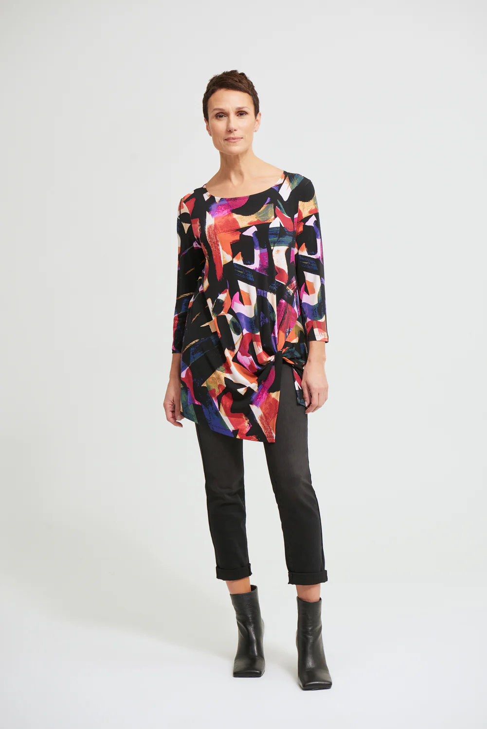 Joseph Ribkoff Black/Multi Asymmetrical Top Style 213636 - Image 2