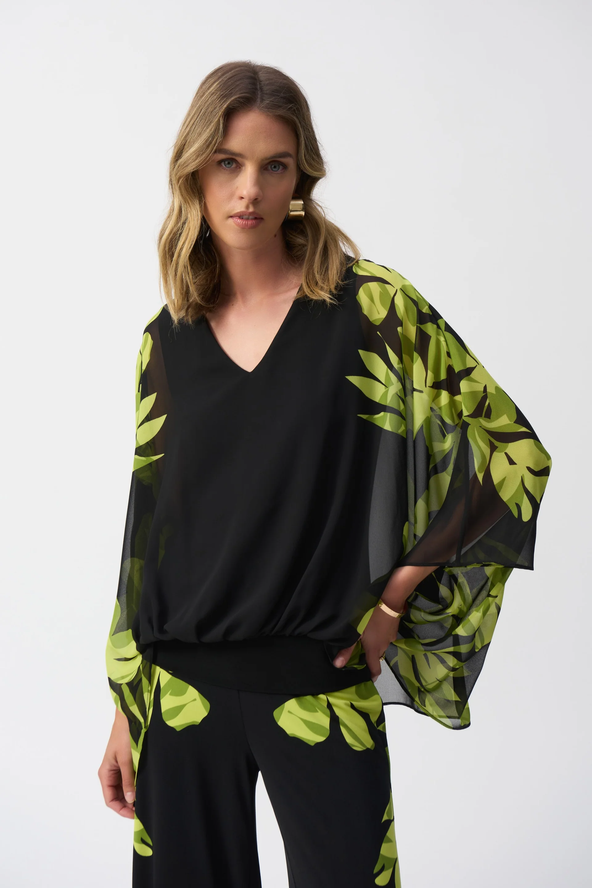 Joseph Ribkoff Black/Multi Chiffon And Silky Knit Floral Poncho Top Style 251147