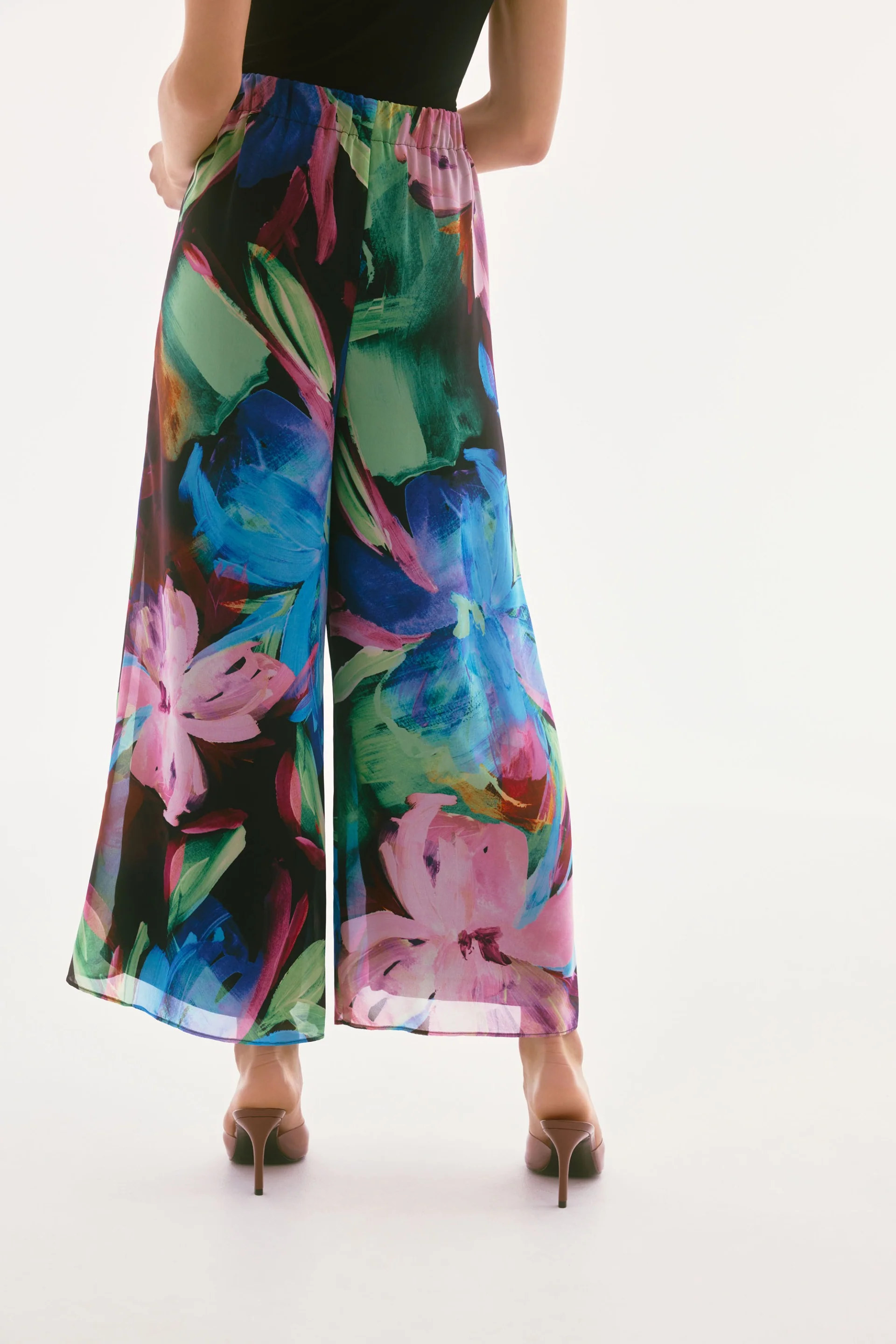 Joseph Ribkoff Black/Multi Chiffon Floral Print Wide Leg Pants Style 251771 - Image 2