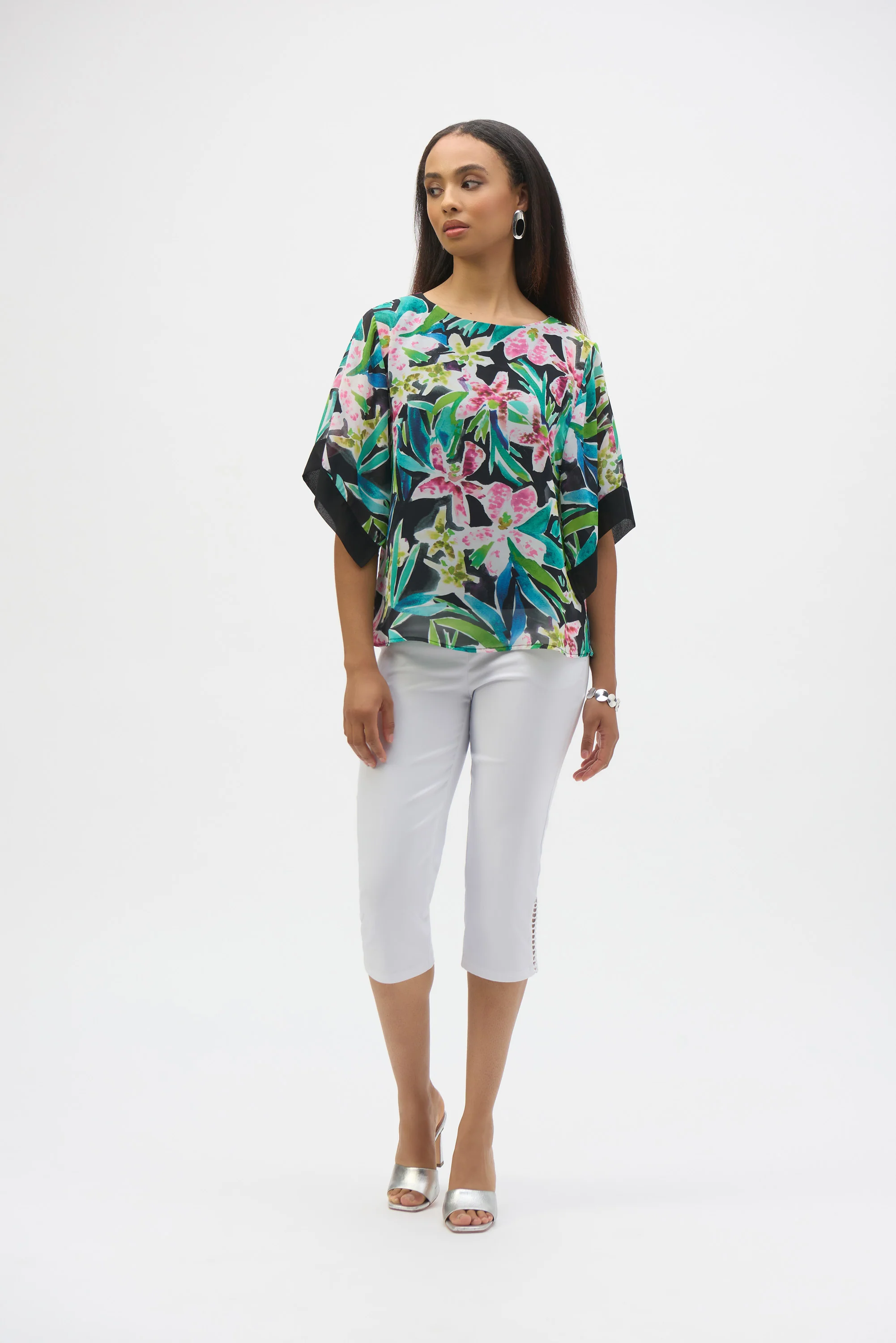Joseph Ribkoff Black/Multi Chiffon Tropical Print Straight Top Style 252126