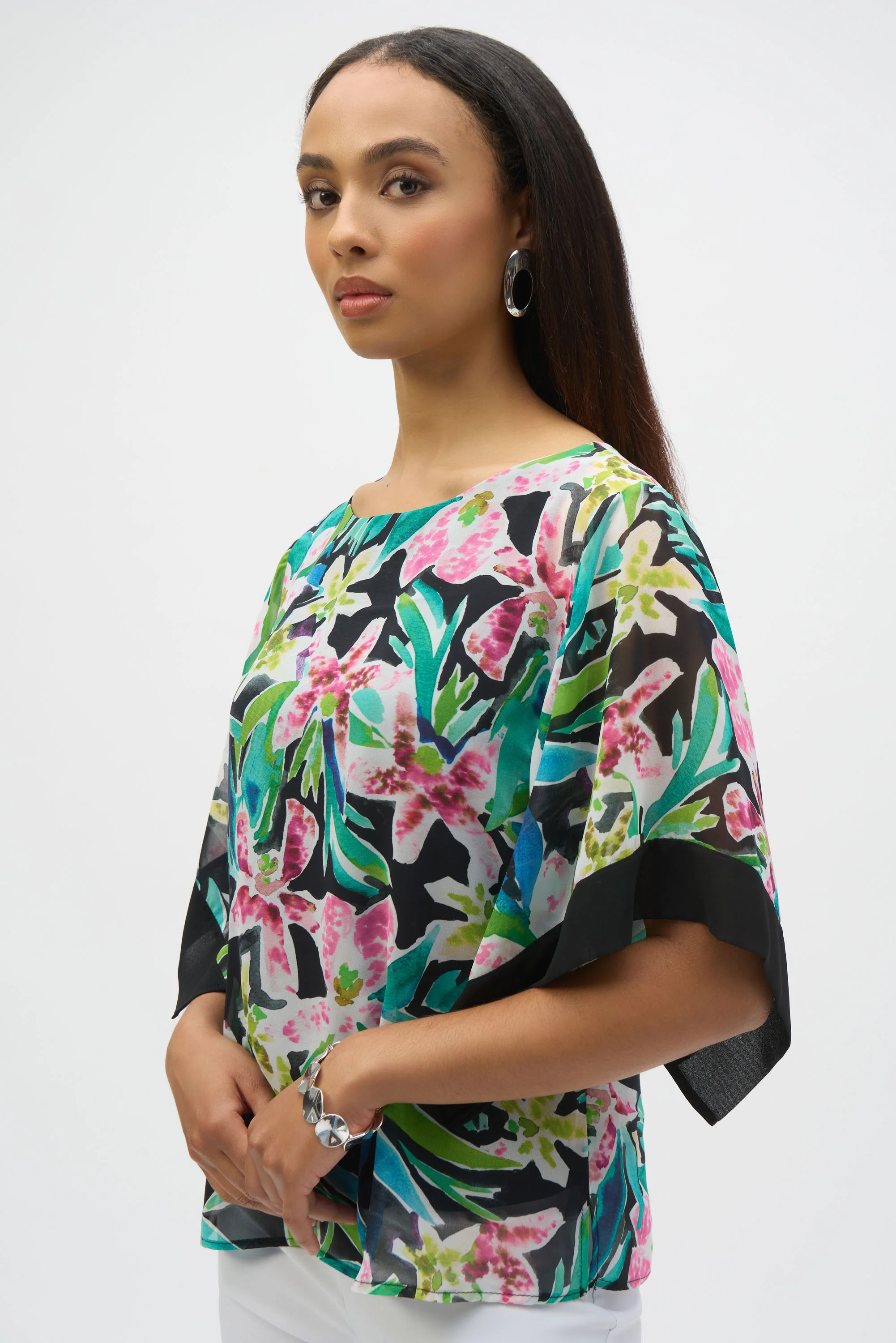Joseph Ribkoff Black/Multi Chiffon Tropical Print Straight Top Style 252126 - Image 2