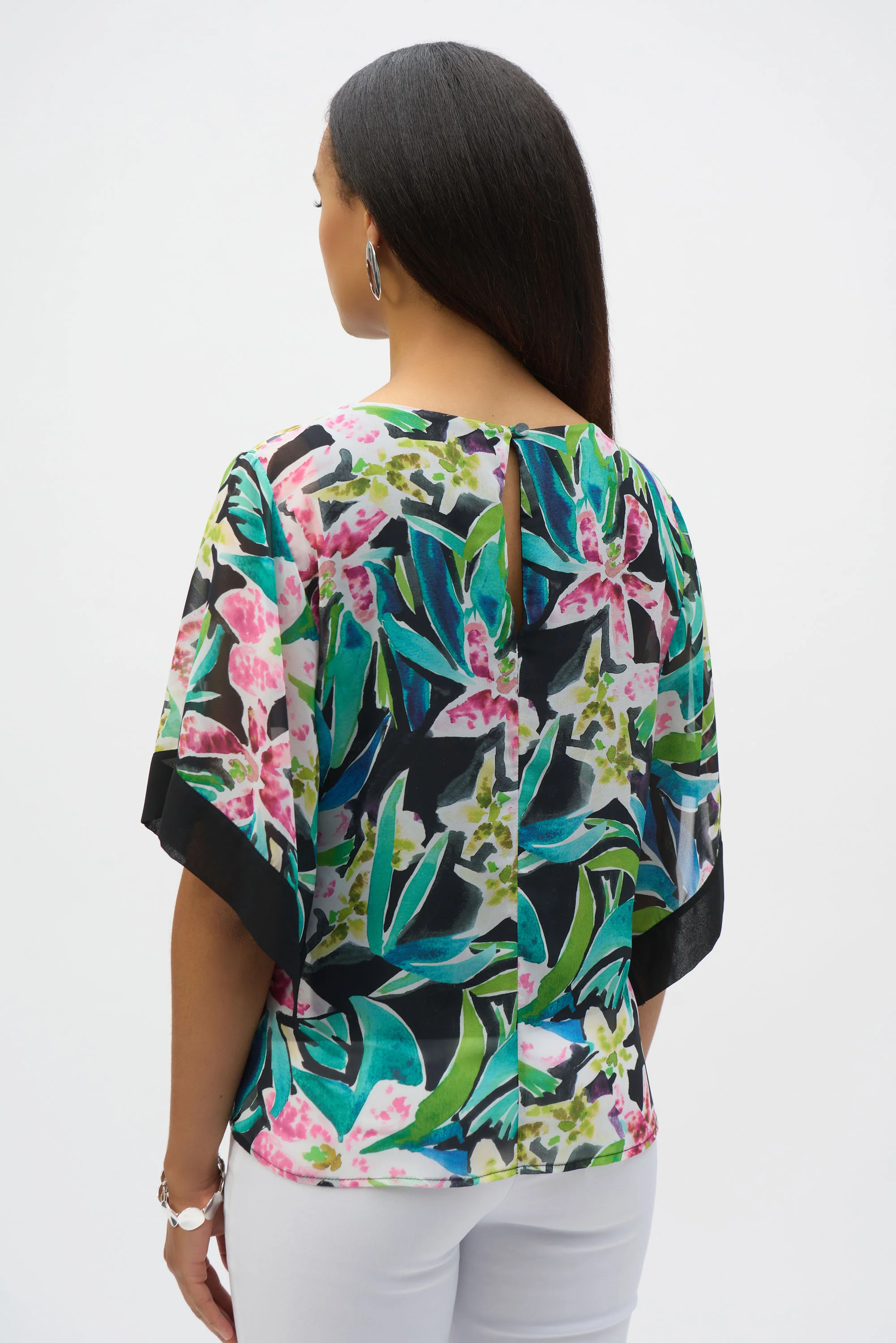 Joseph Ribkoff Black/Multi Chiffon Tropical Print Straight Top Style 252126 - Image 4