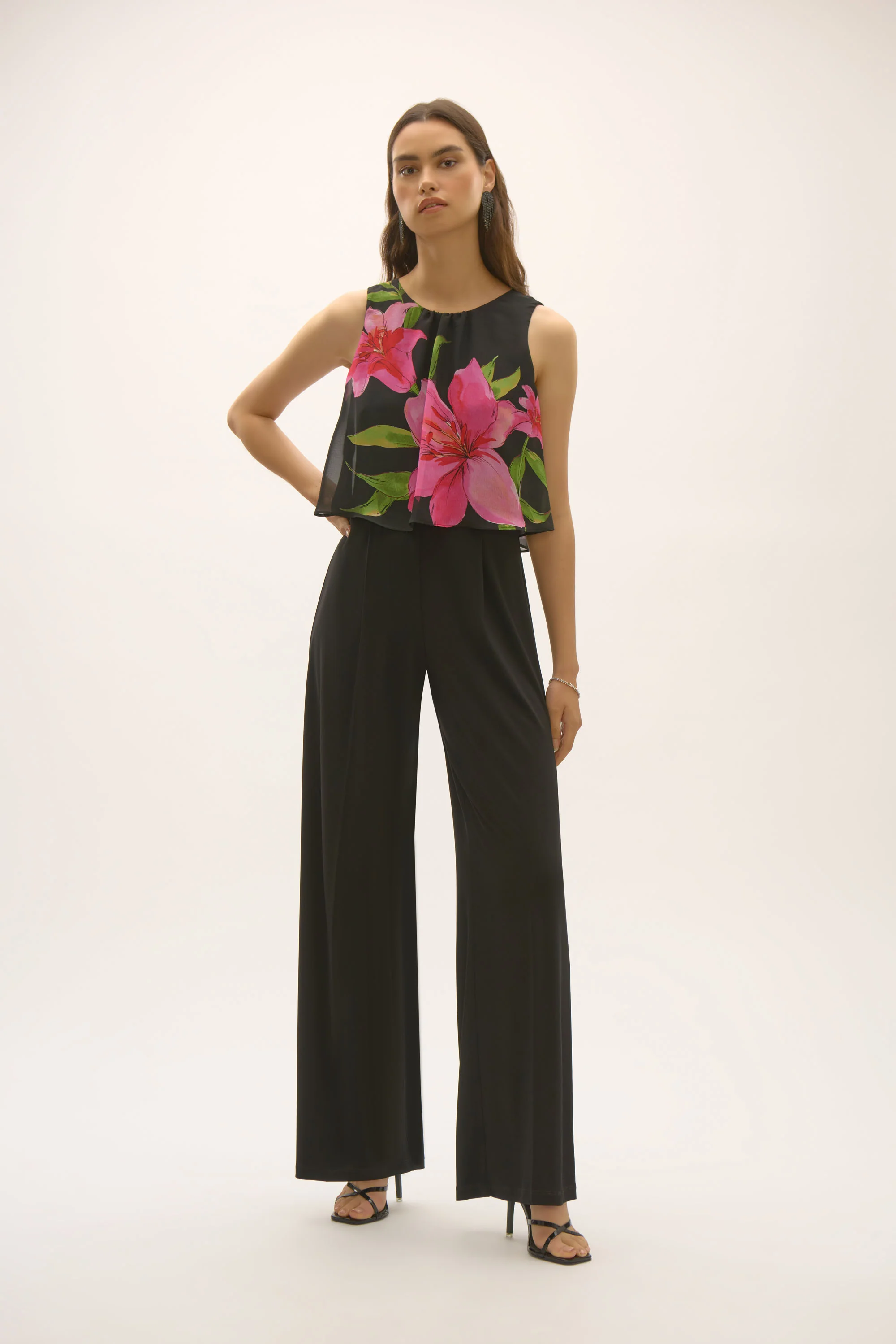 Joseph Ribkoff Black/Multi Floral Chiffon Wide Leg Jumpsuit Style 252704 - Image 2
