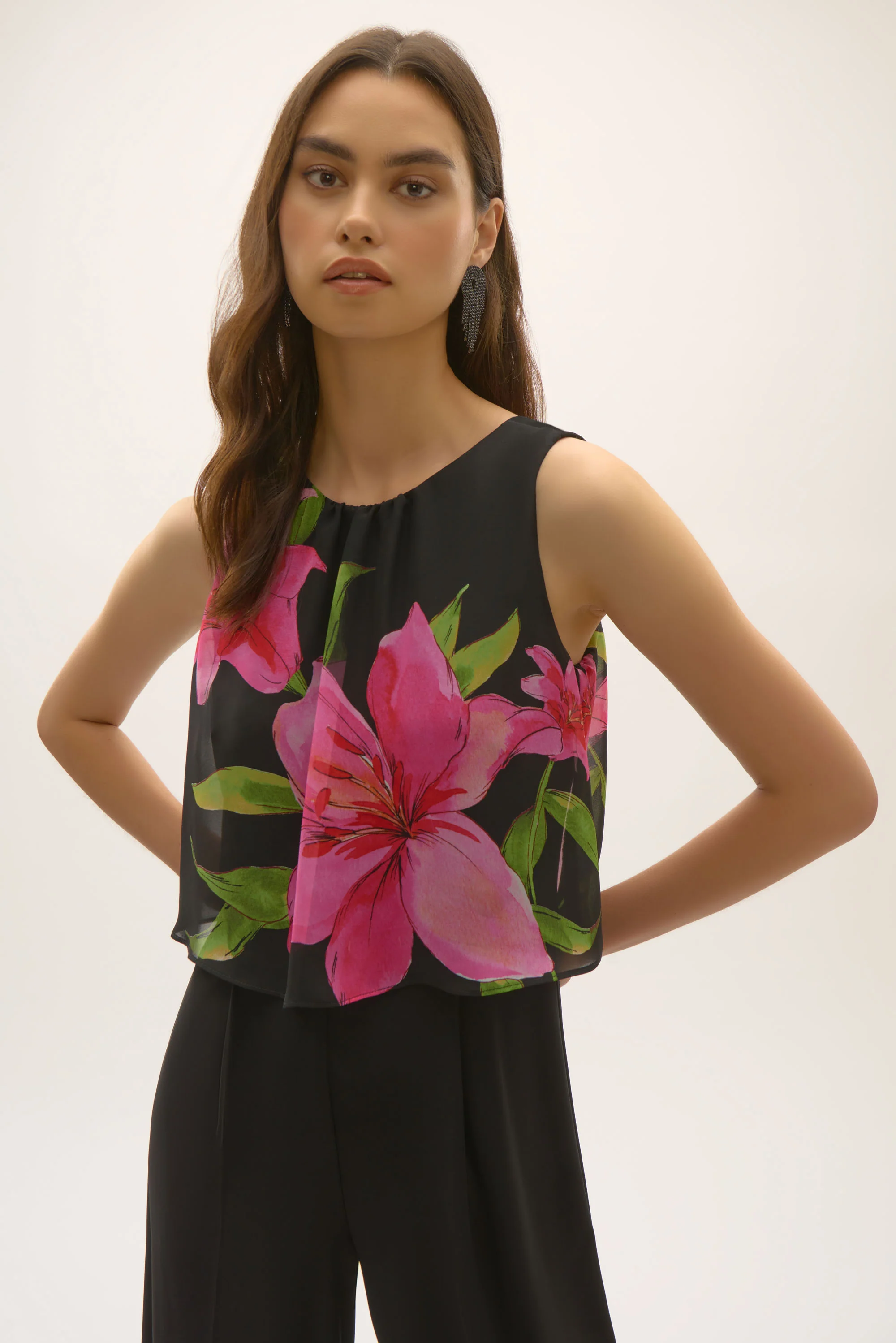 Joseph Ribkoff Black/Multi Floral Chiffon Wide Leg Jumpsuit Style 252704 - Image 3