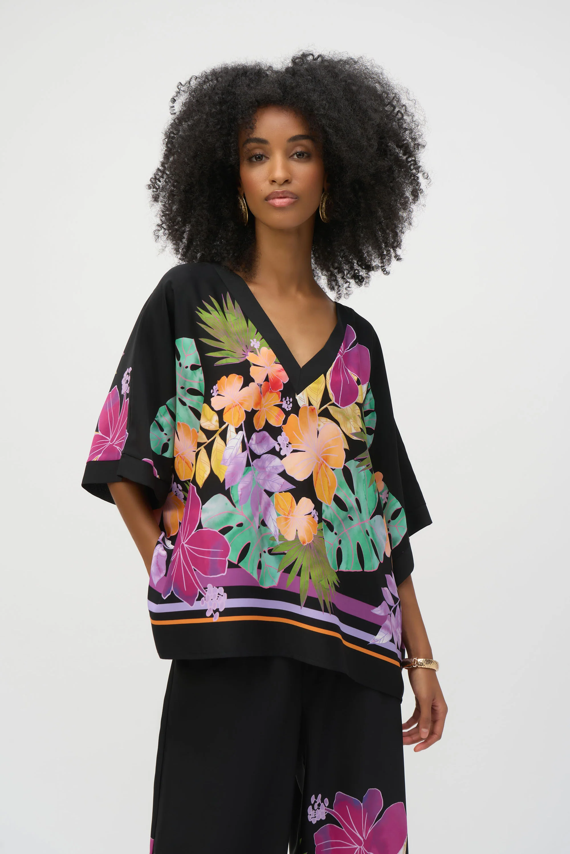 Joseph Ribkoff Black/Multi Floral Print Boxy Top Style 252218