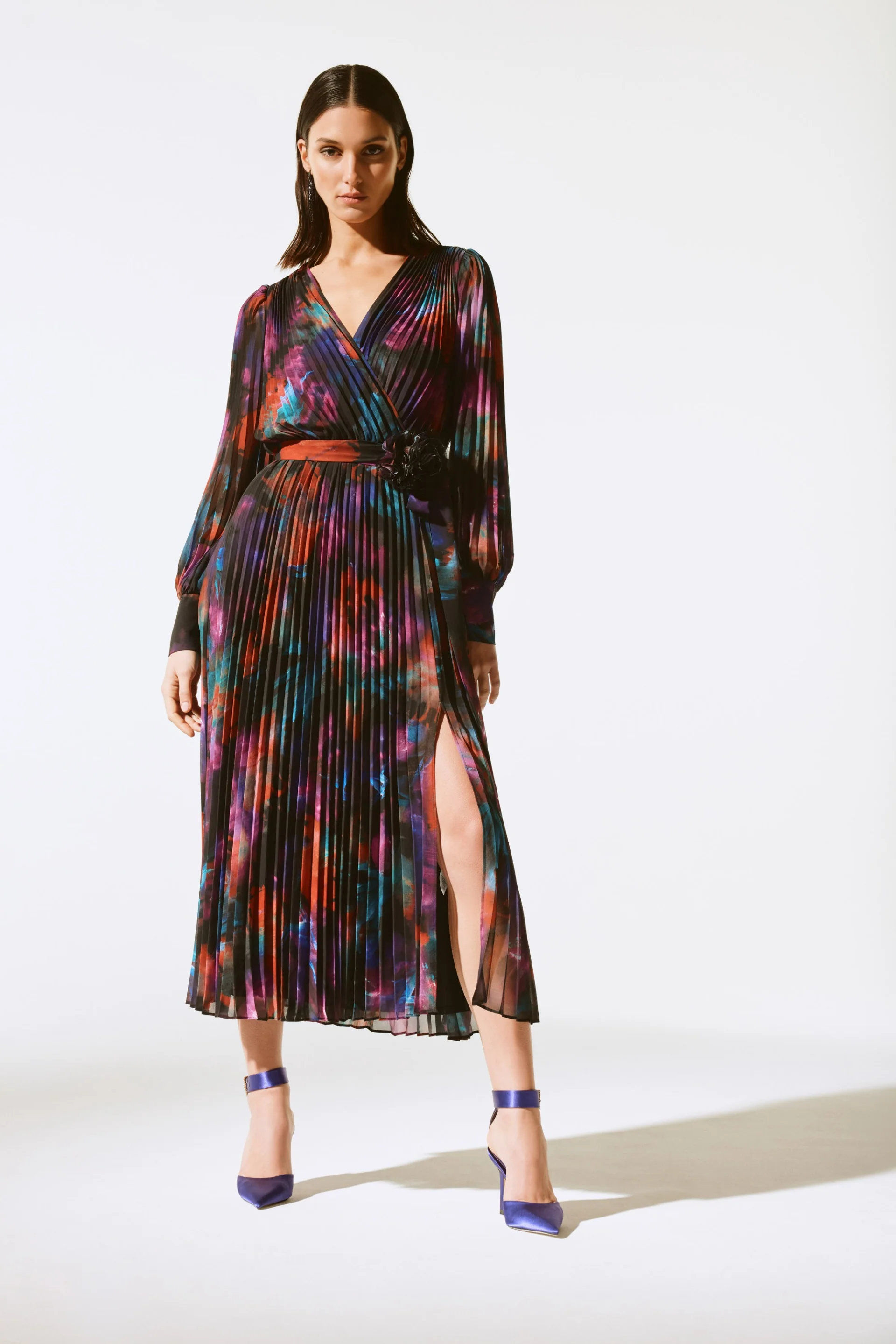 Joseph Ribkoff Black/Multi Floral Print Chiffon Pleated Midi Dress Style 243770X - Image 2