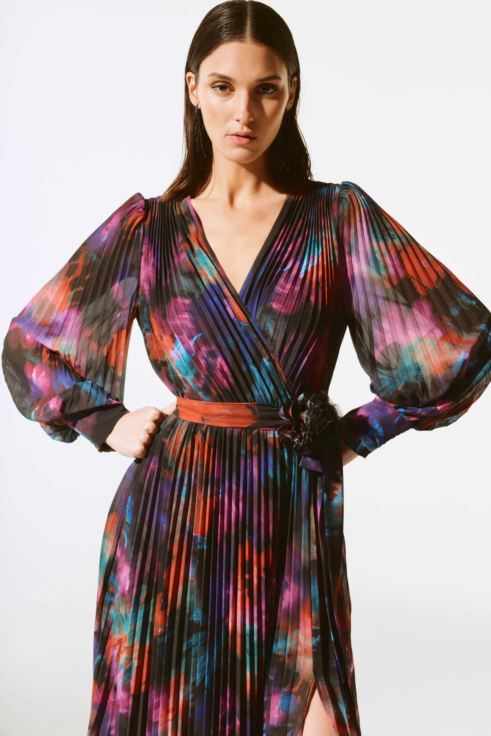 Joseph Ribkoff Black/Multi Floral Print Chiffon Pleated Midi Dress Style 243770X - Image 3