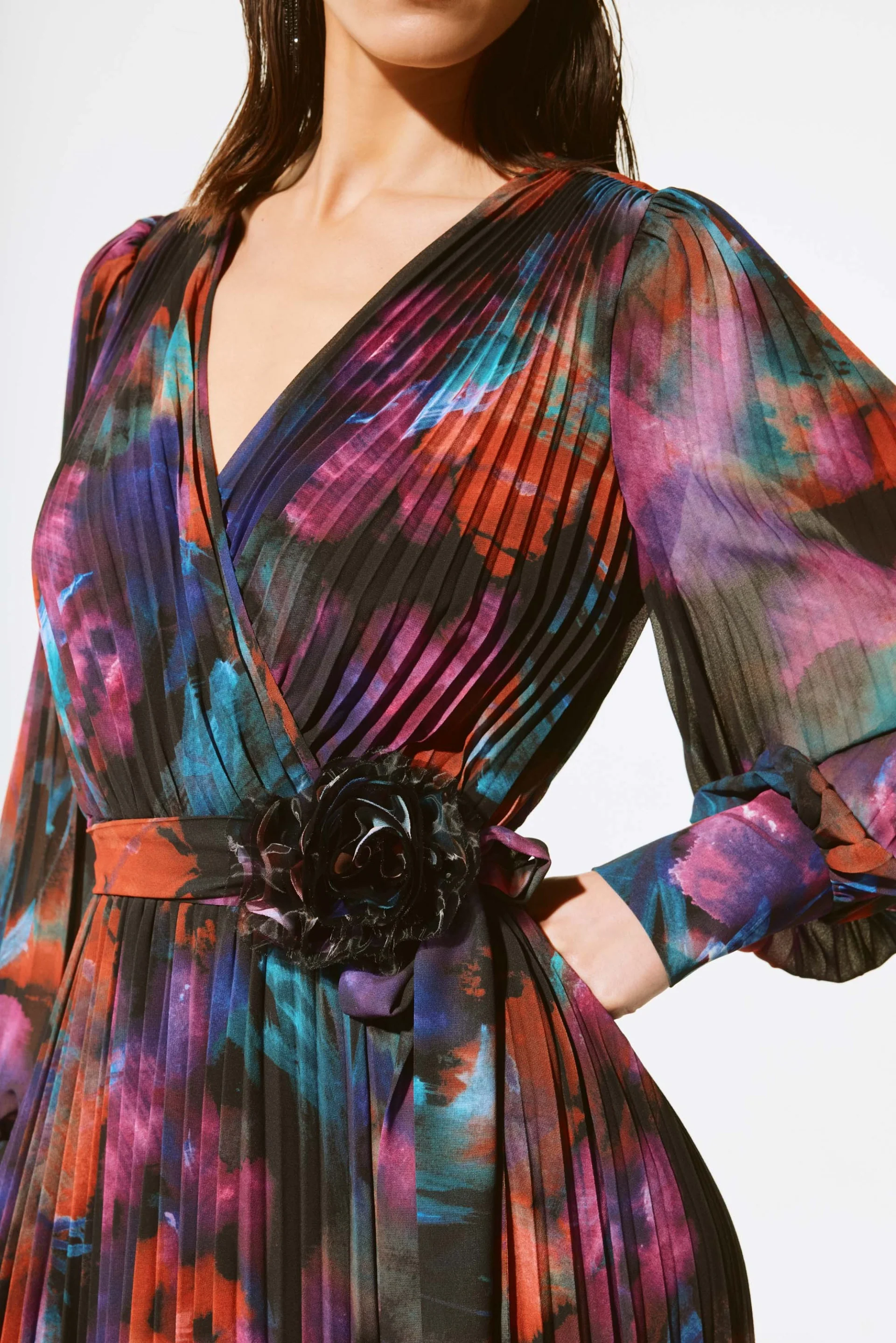 Joseph Ribkoff Black/Multi Floral Print Chiffon Pleated Midi Dress Style 243770X - Image 4