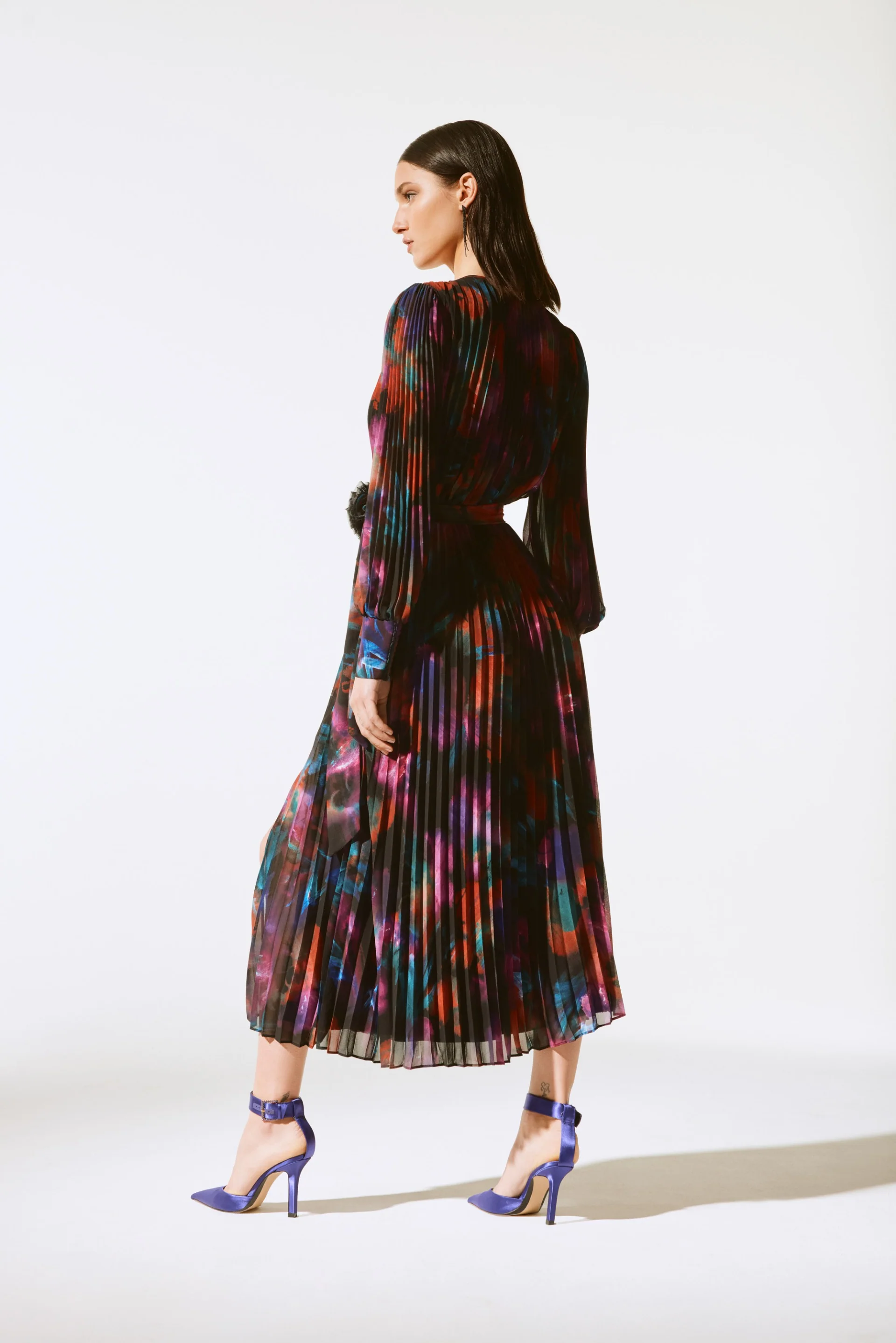 Joseph Ribkoff Black/Multi Floral Print Chiffon Pleated Midi Dress Style 243770X - Image 5