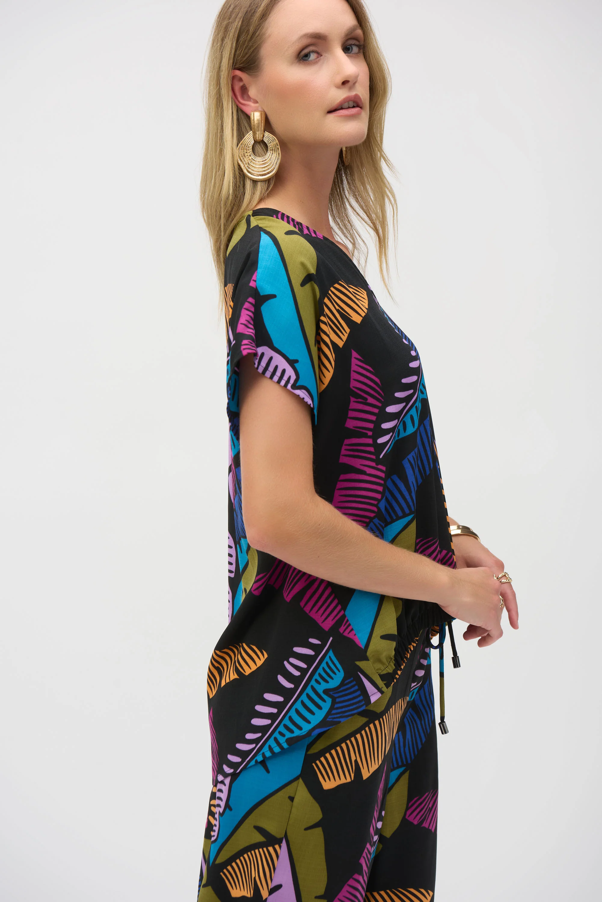Joseph Ribkoff Black/Multi Gauze Tropical Print Boxy Top Style 252148 - Image 2