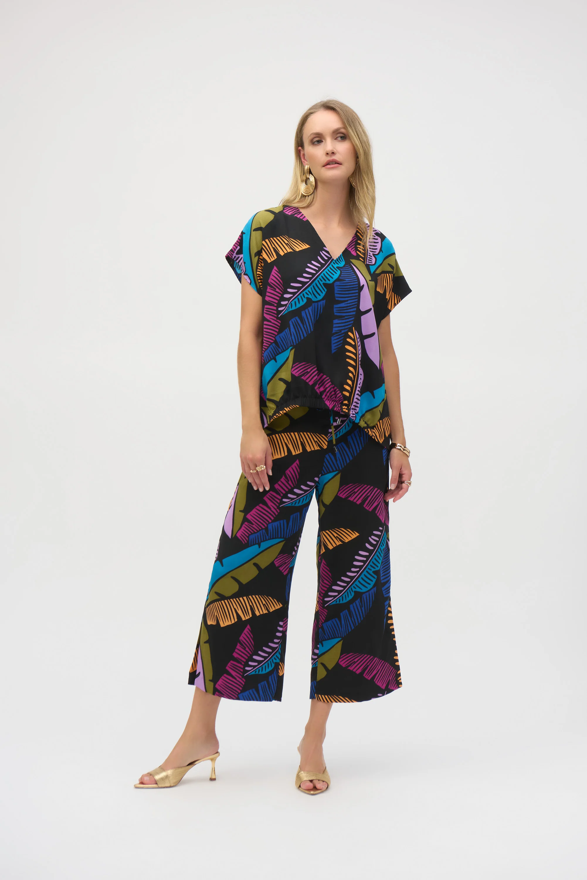 Joseph Ribkoff Black/Multi Gauze Tropical Print Boxy Top Style 252148 - Image 3