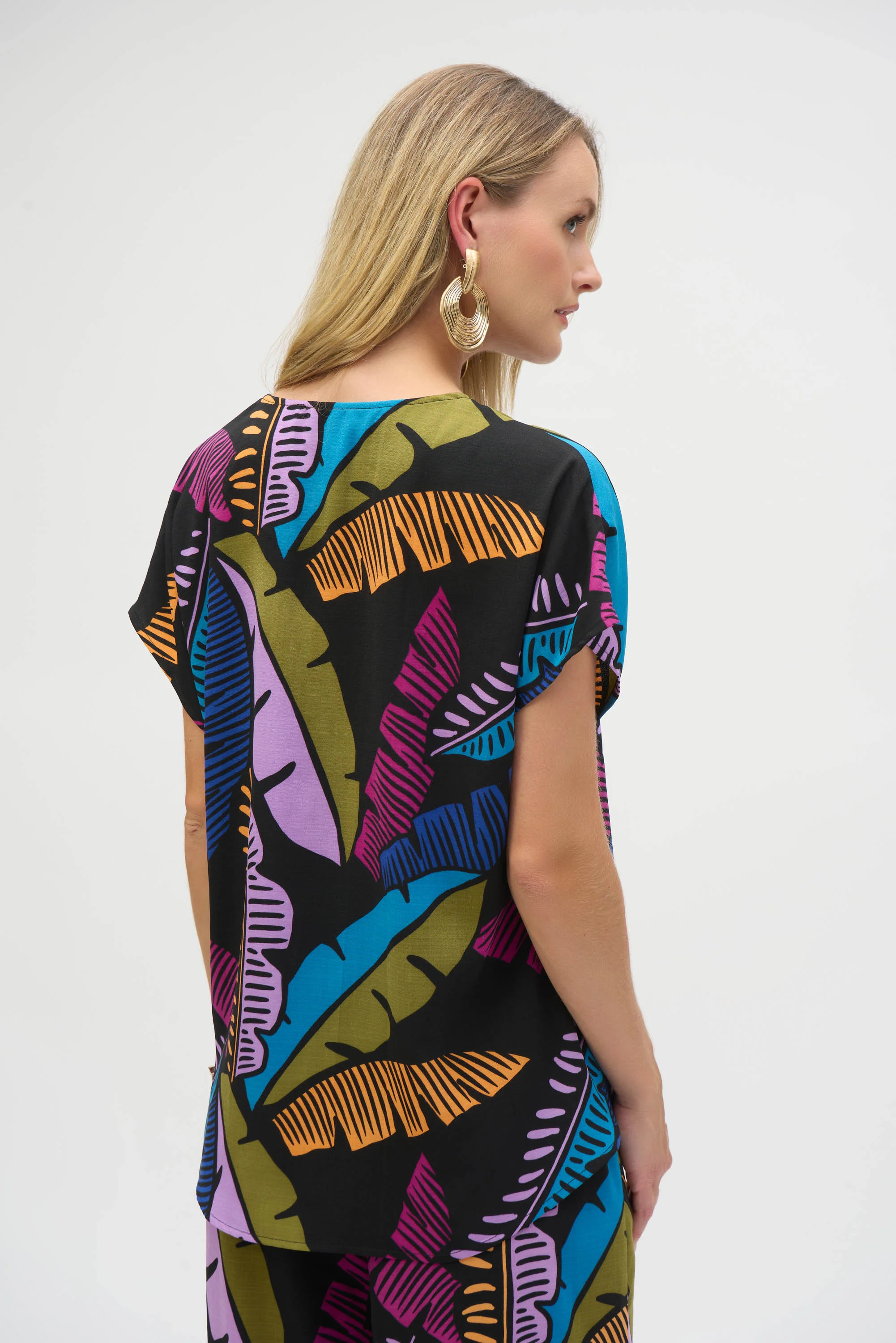 Joseph Ribkoff Black/Multi Gauze Tropical Print Boxy Top Style 252148 - Image 4