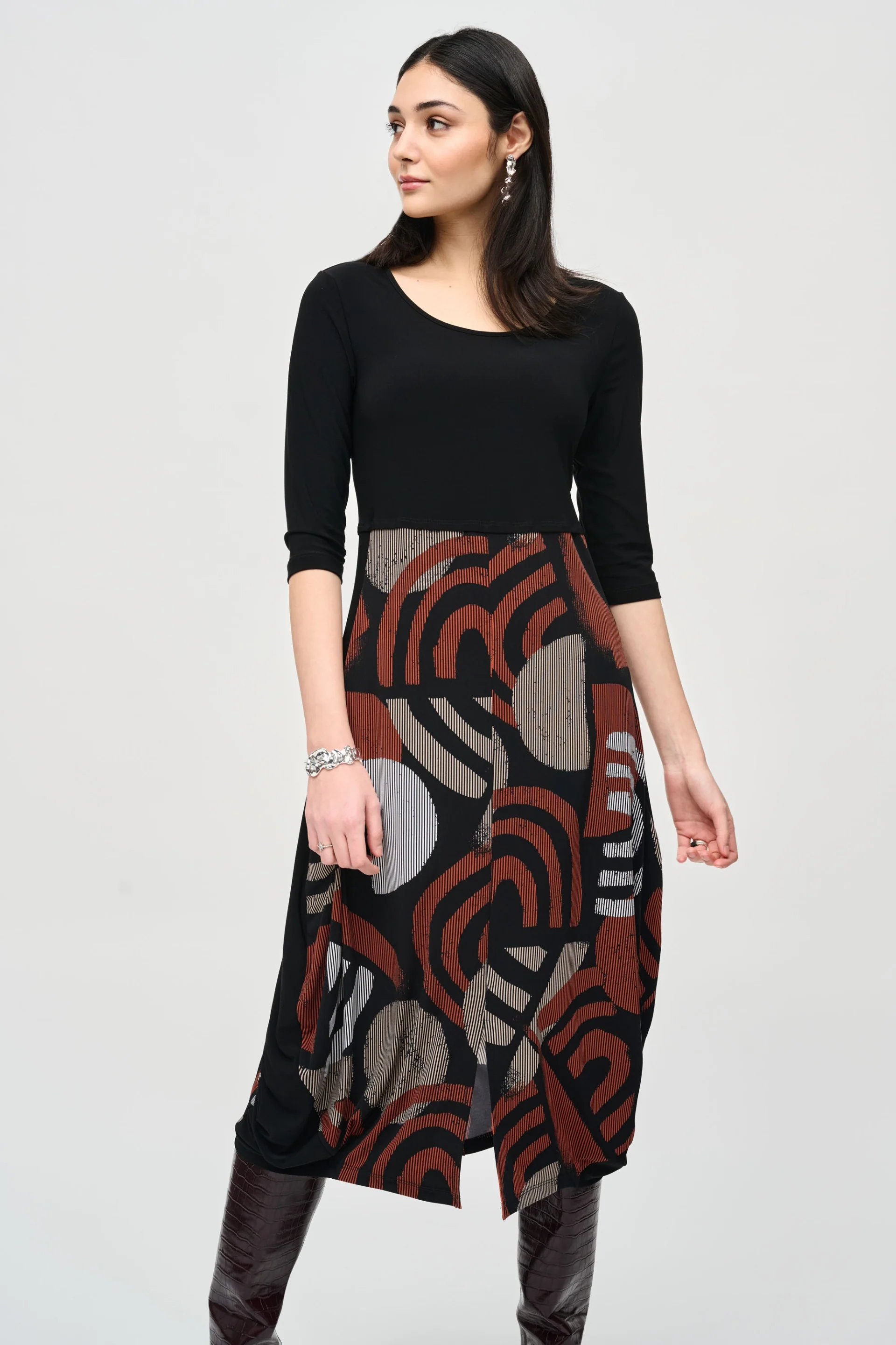 Joseph Ribkoff Black/Multi Geometric Print Cocoon Dress Style 243234 - Image 2