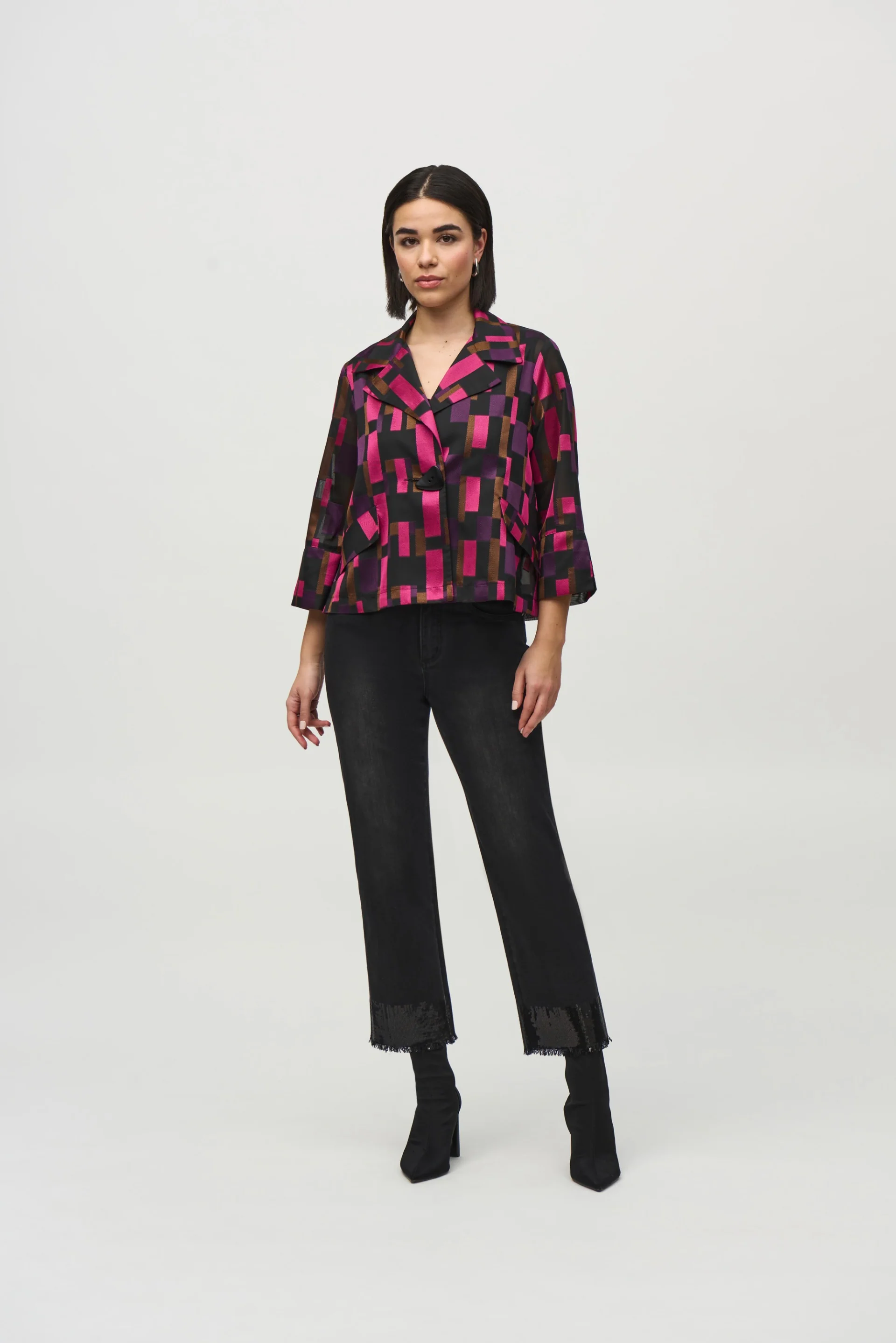 Joseph Ribkoff Black/Multi Geometric Print Swing Jacket Style 244166 - Image 4