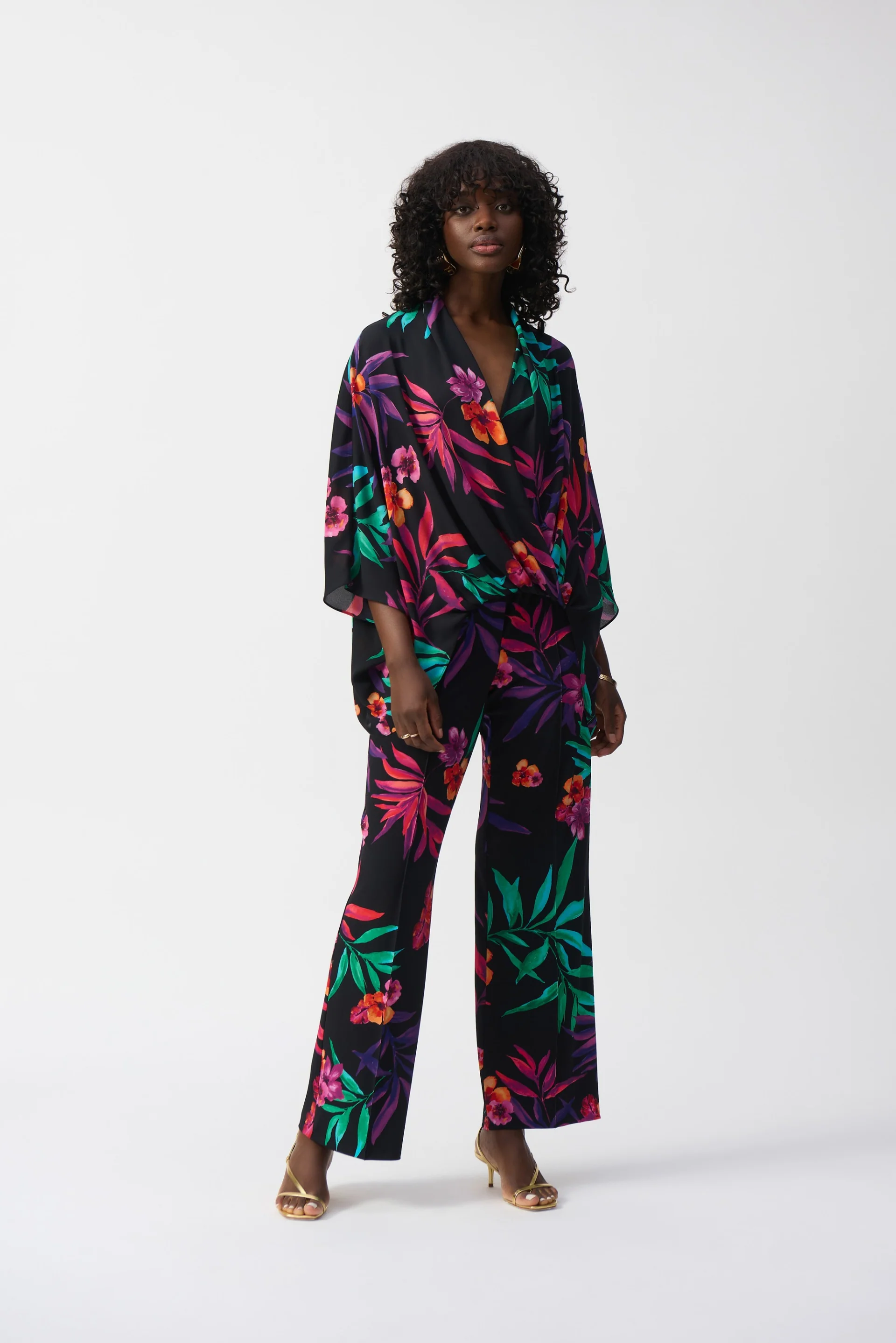 Joseph Ribkoff Black/Multi Georgette Tropical Print Wrap Top Style 251127 - Image 2