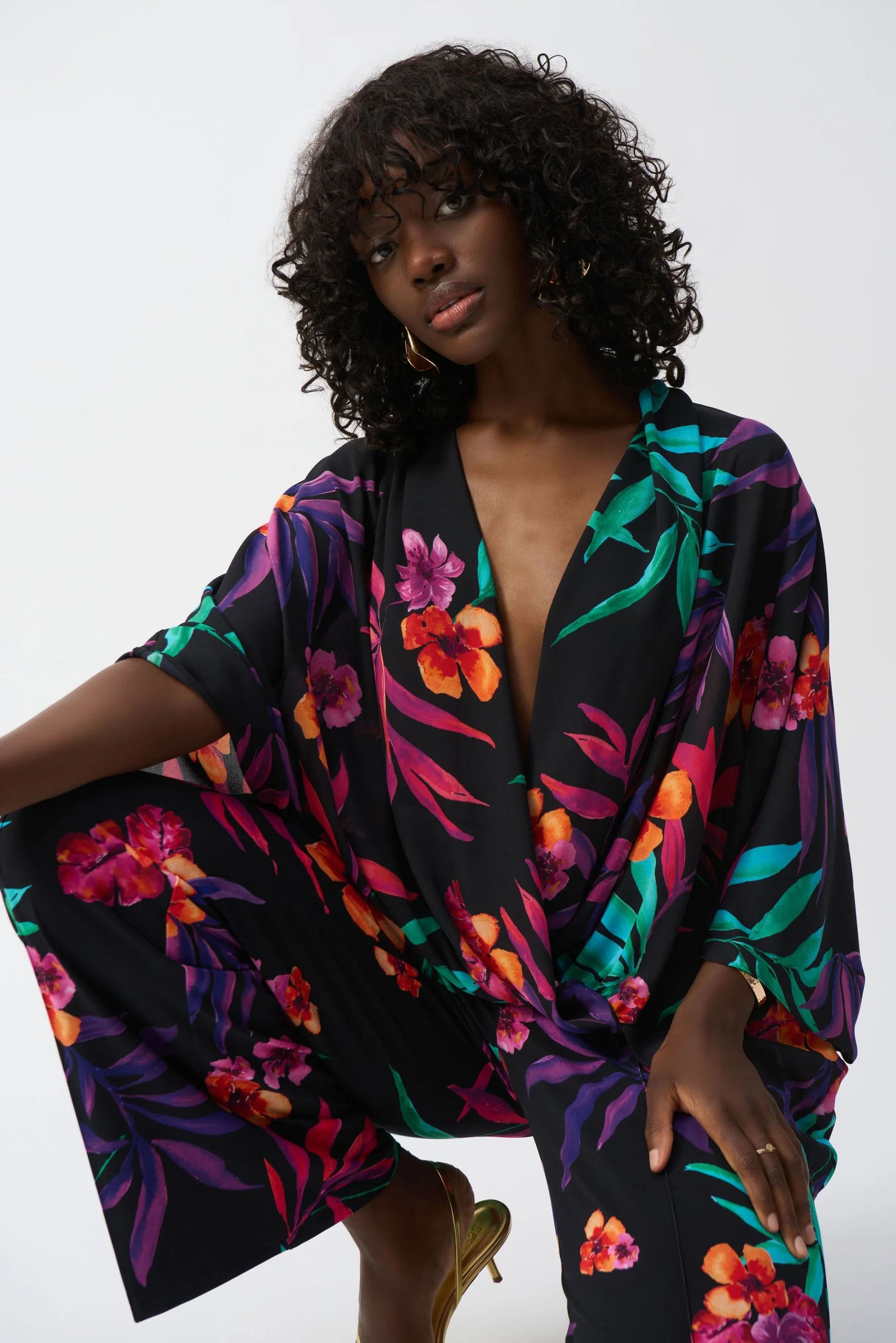 Joseph Ribkoff Black/Multi Georgette Tropical Print Wrap Top Style 251127 - Image 3