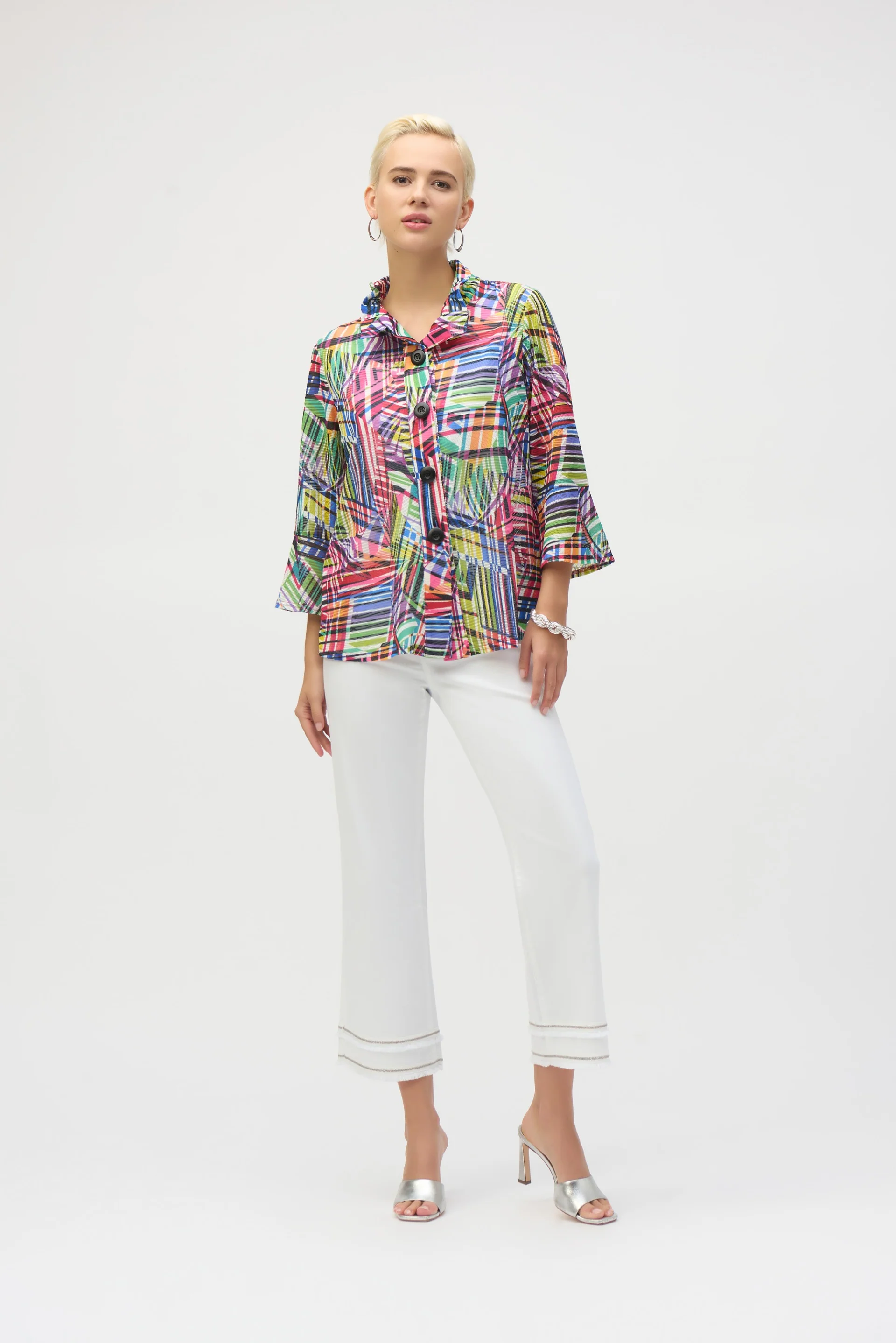 Joseph Ribkoff Black/Multi Jacquard Stripe Patchwork Print Trapeze Jacket Style 252038 - Image 2