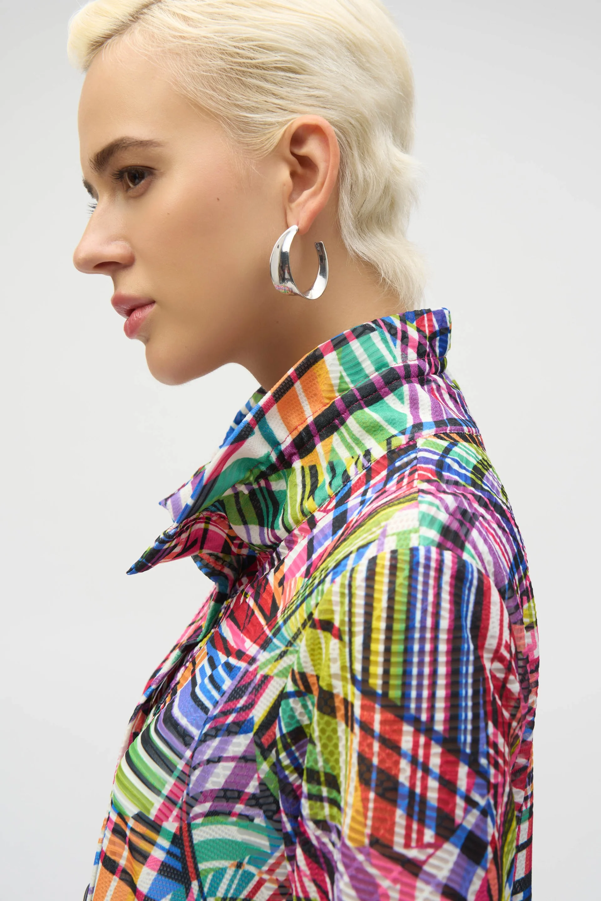 Joseph Ribkoff Black/Multi Jacquard Stripe Patchwork Print Trapeze Jacket Style 252038 - Image 4