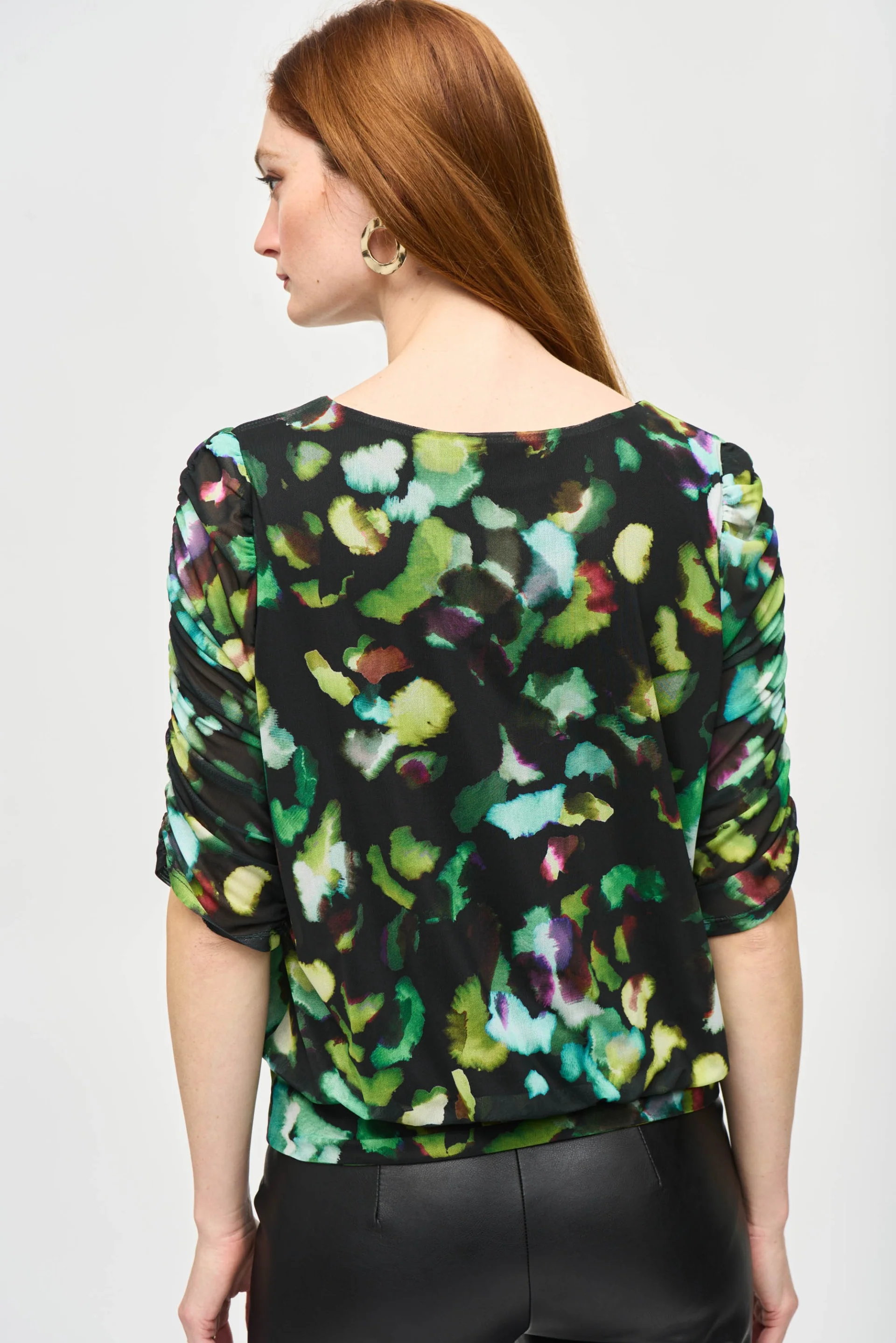 Joseph Ribkoff Black/Multi Mesh Abstract Print Blouson Top Style 243193 - Image 2