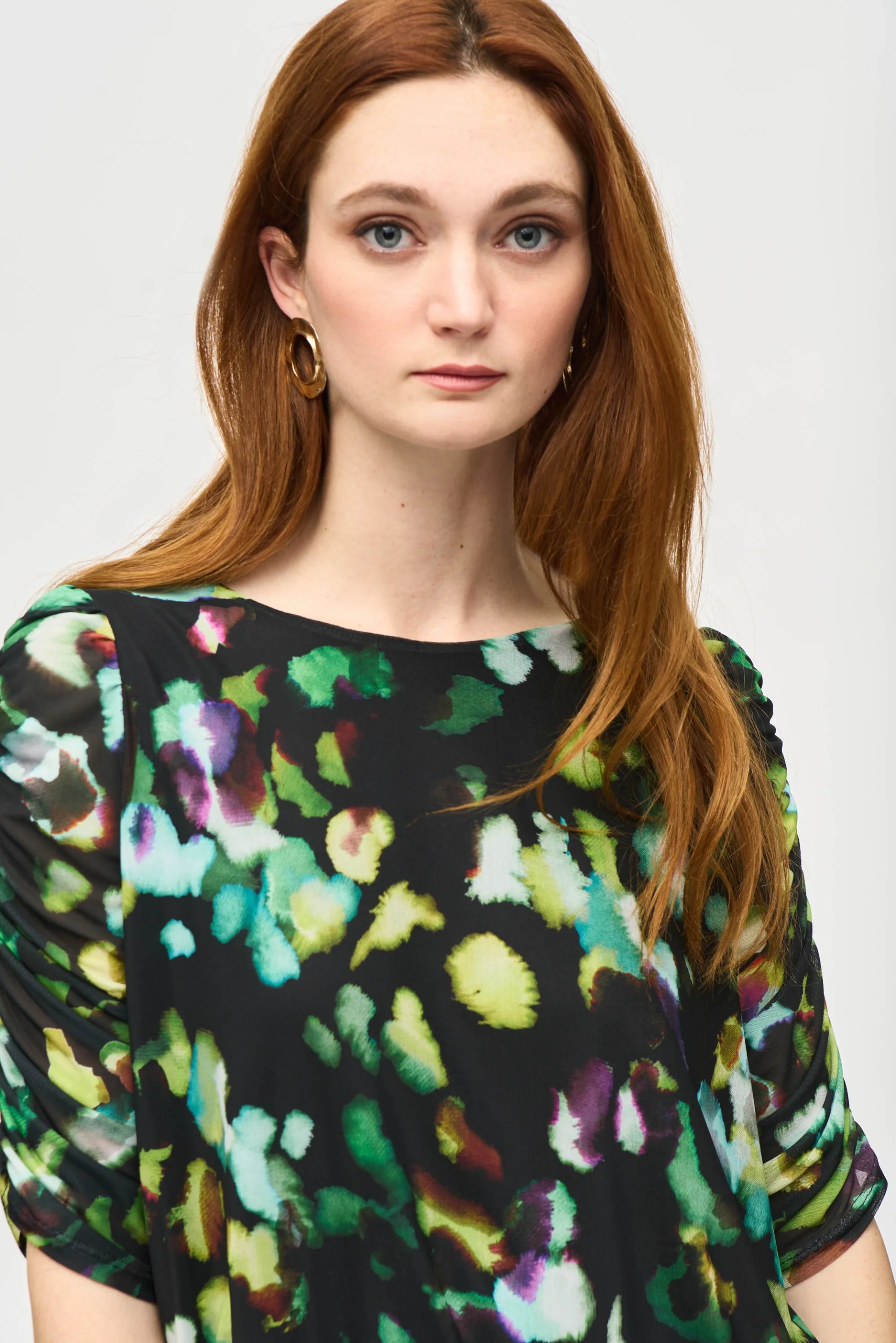Joseph Ribkoff Black/Multi Mesh Abstract Print Blouson Top Style 243193 - Image 3