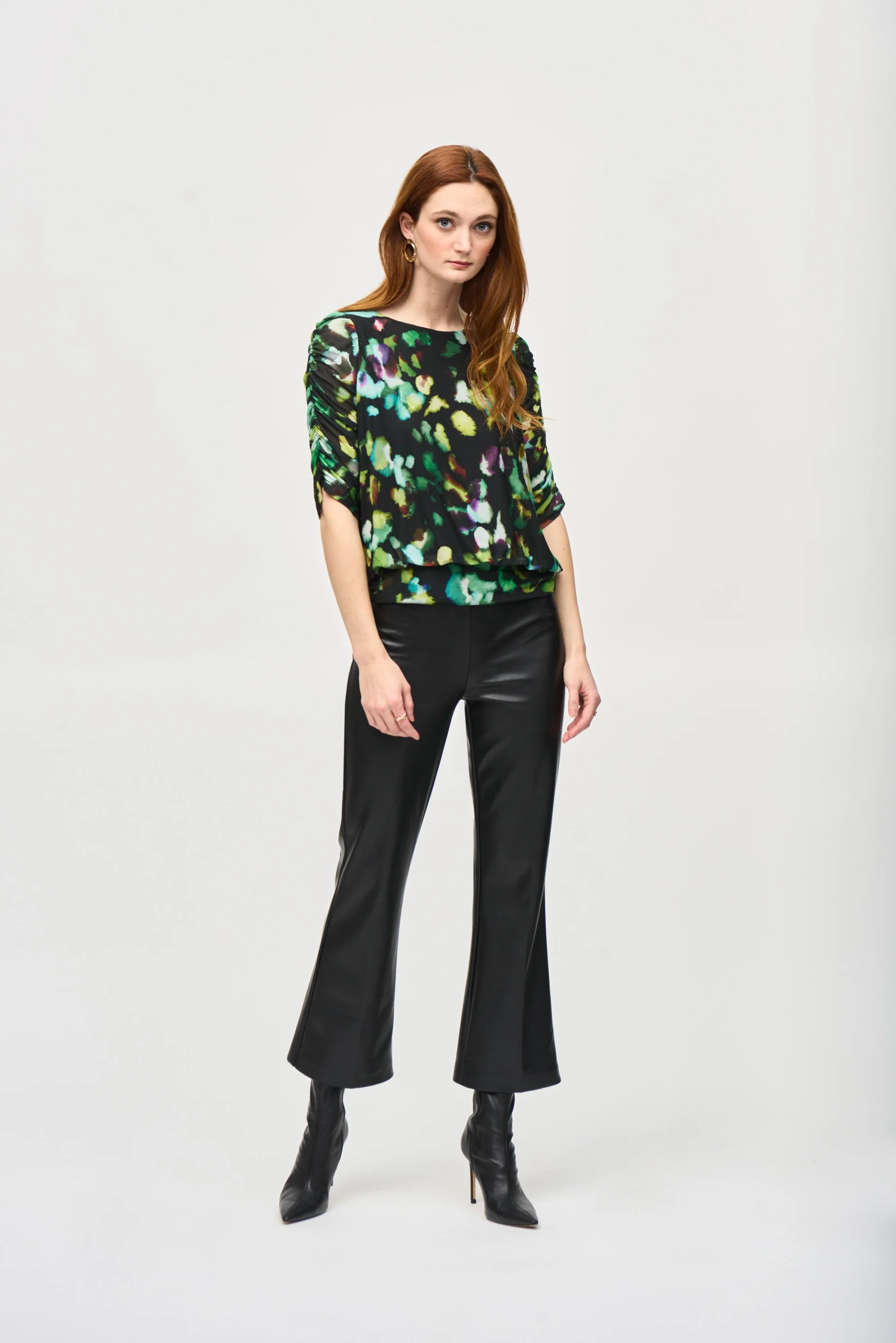 Joseph Ribkoff Black/Multi Mesh Abstract Print Blouson Top Style 243193 - Image 4