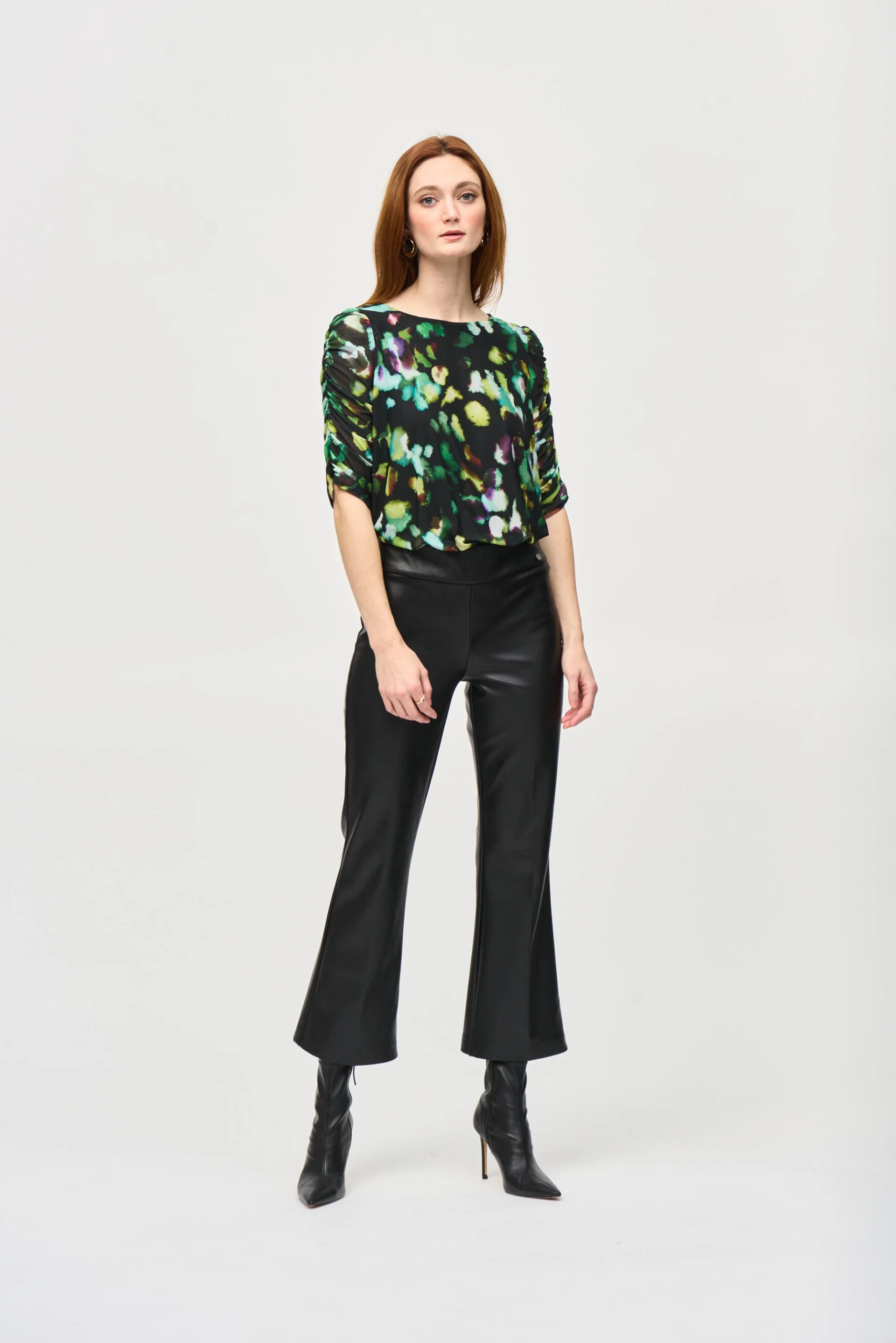 Joseph Ribkoff Black/Multi Mesh Abstract Print Blouson Top Style 243193 - Image 5