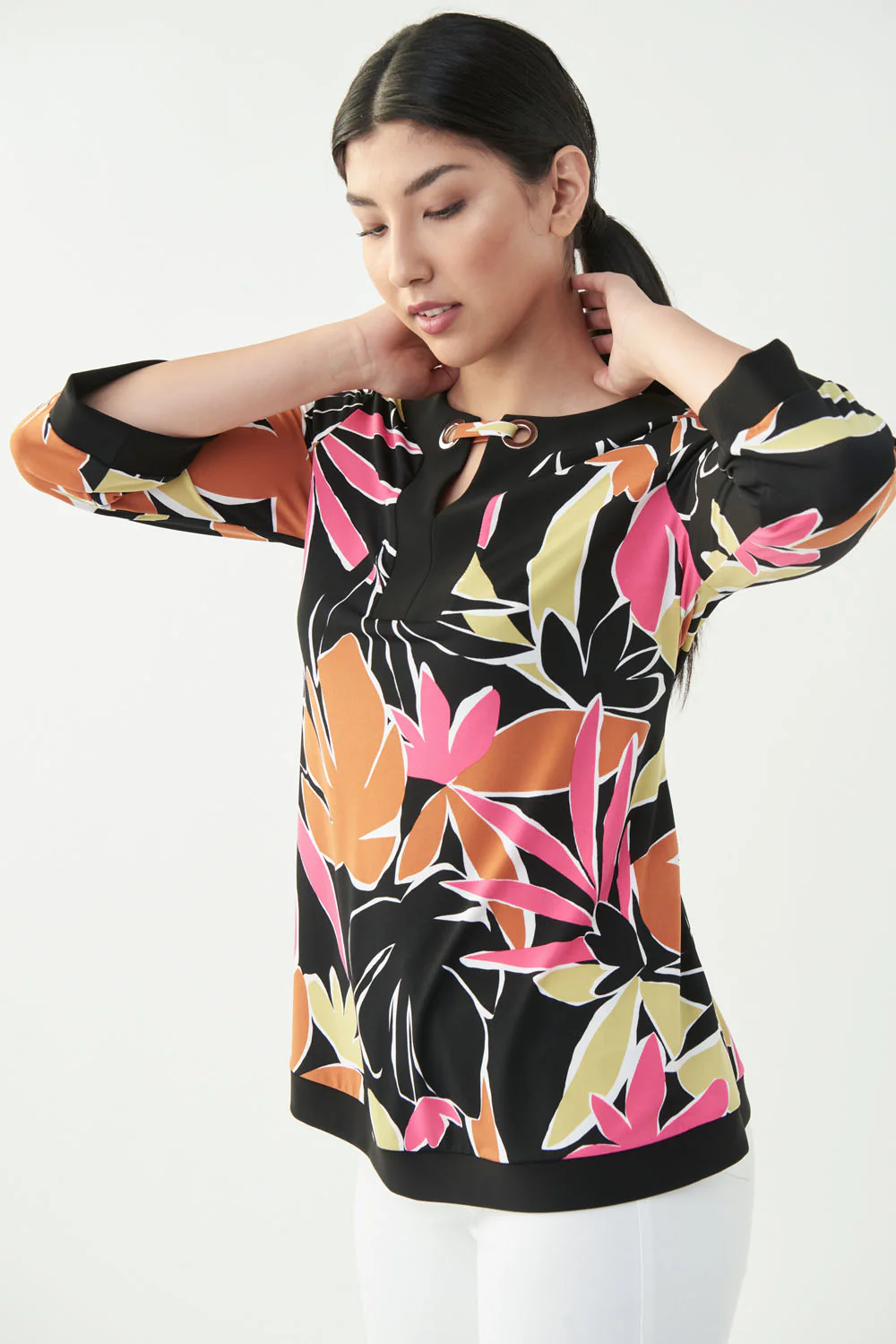 Joseph Ribkoff Black/Multi Palm Print Top Style 221075 - Image 3