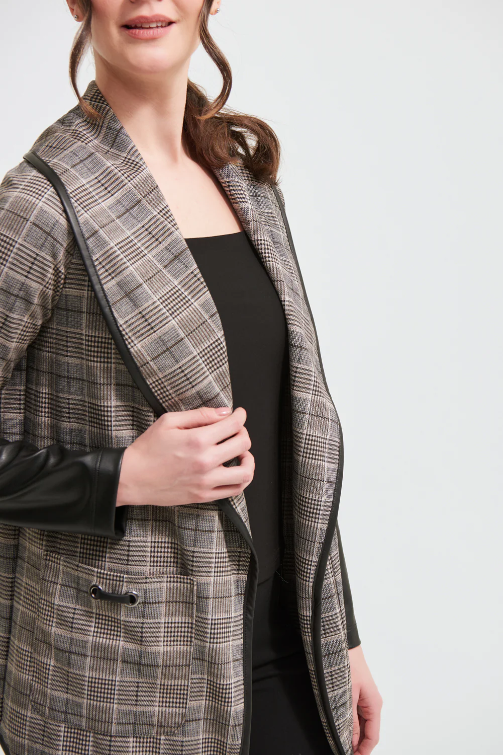 Joseph Ribkoff Black/Multi Plaid Cardigan Style 213656 - Image 3