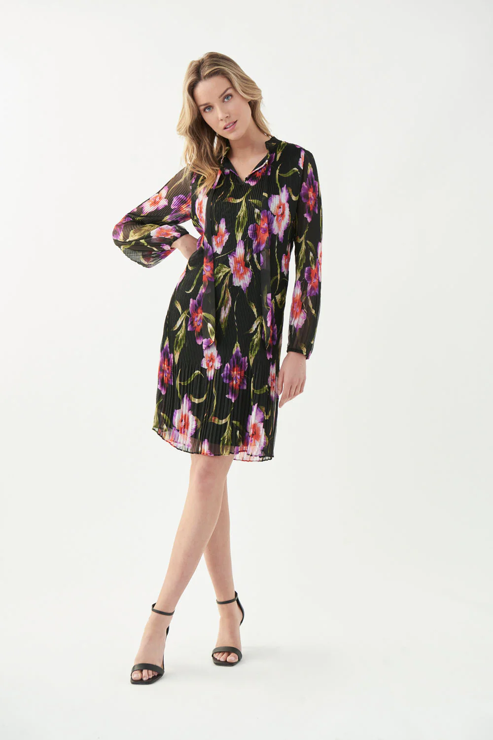 Joseph Ribkoff Black/Multi Pleated Floral Print Dress Style 221923