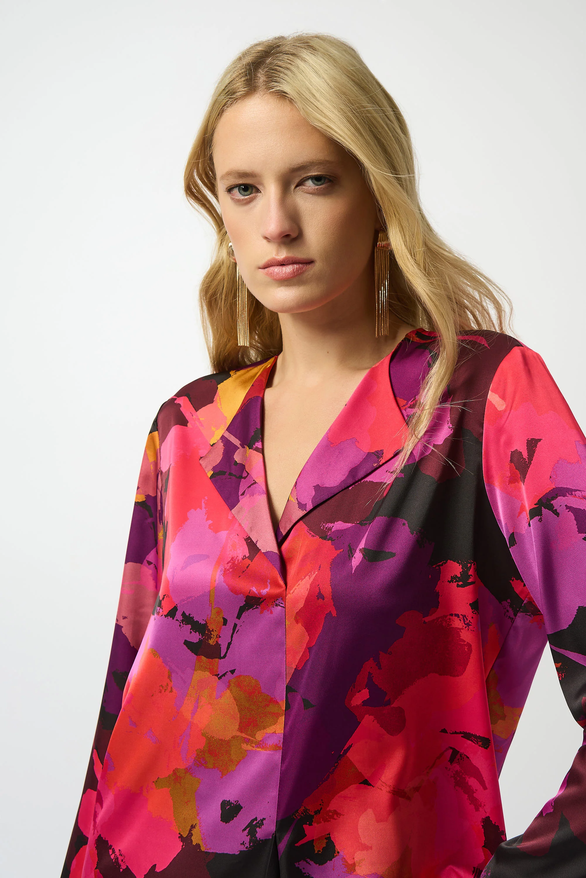 Joseph Ribkoff Black/Multi Satin Floral Print Straight Top Style 253075 - Image 3