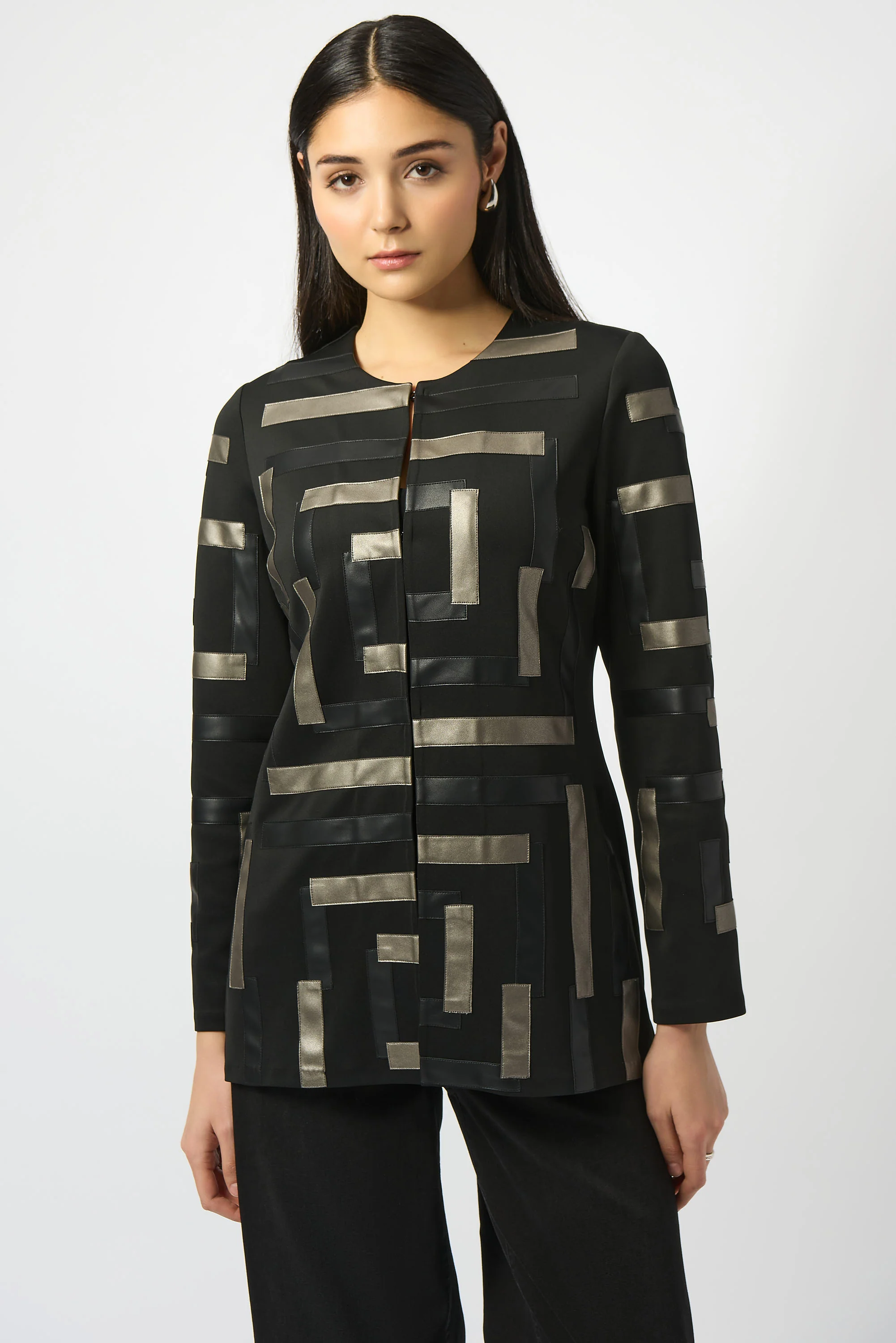 Joseph Ribkoff Black/Multi Scuba & Leatherette Collarless Jacket Style 253929