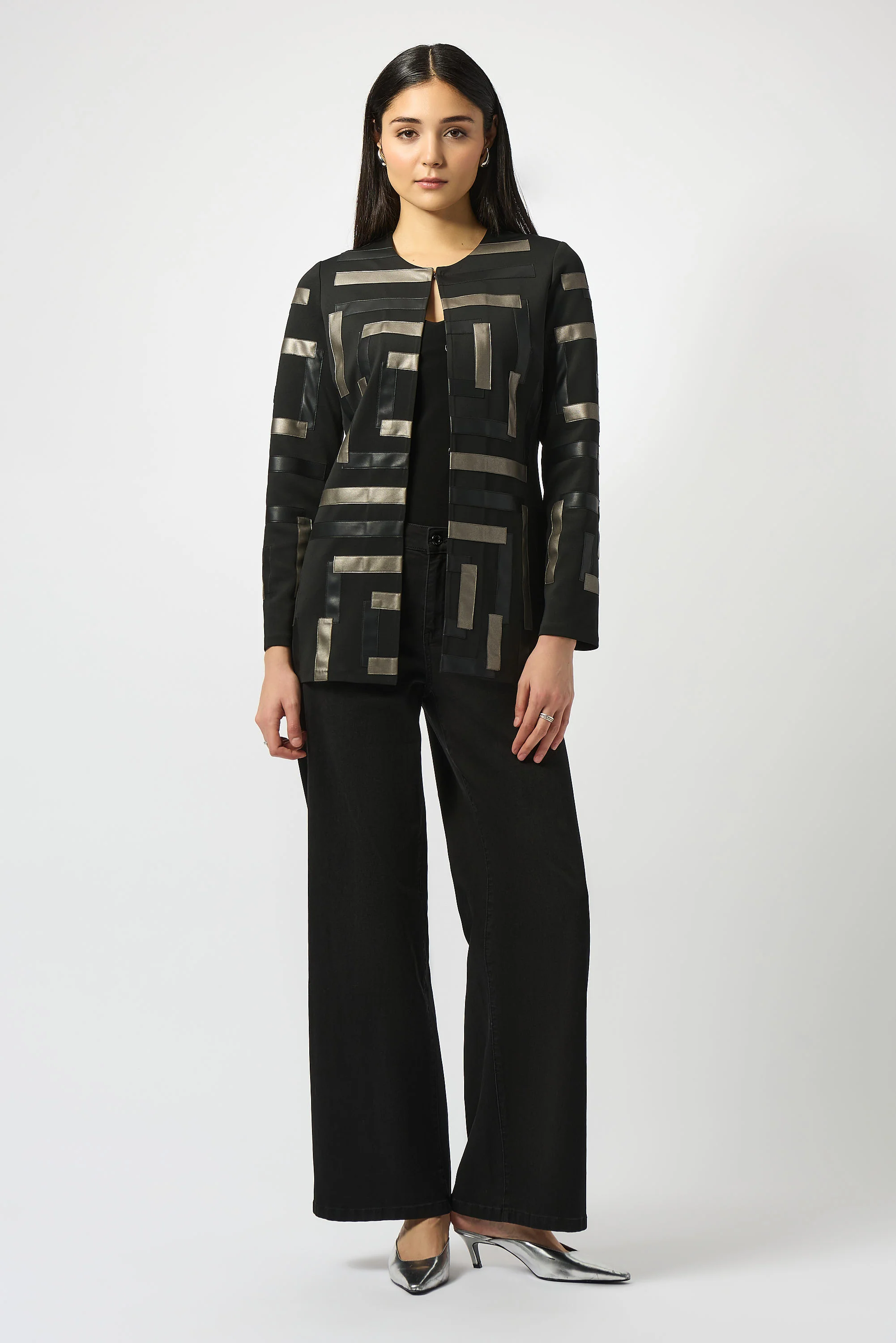 Joseph Ribkoff Black/Multi Scuba & Leatherette Collarless Jacket Style 253929 - Image 2