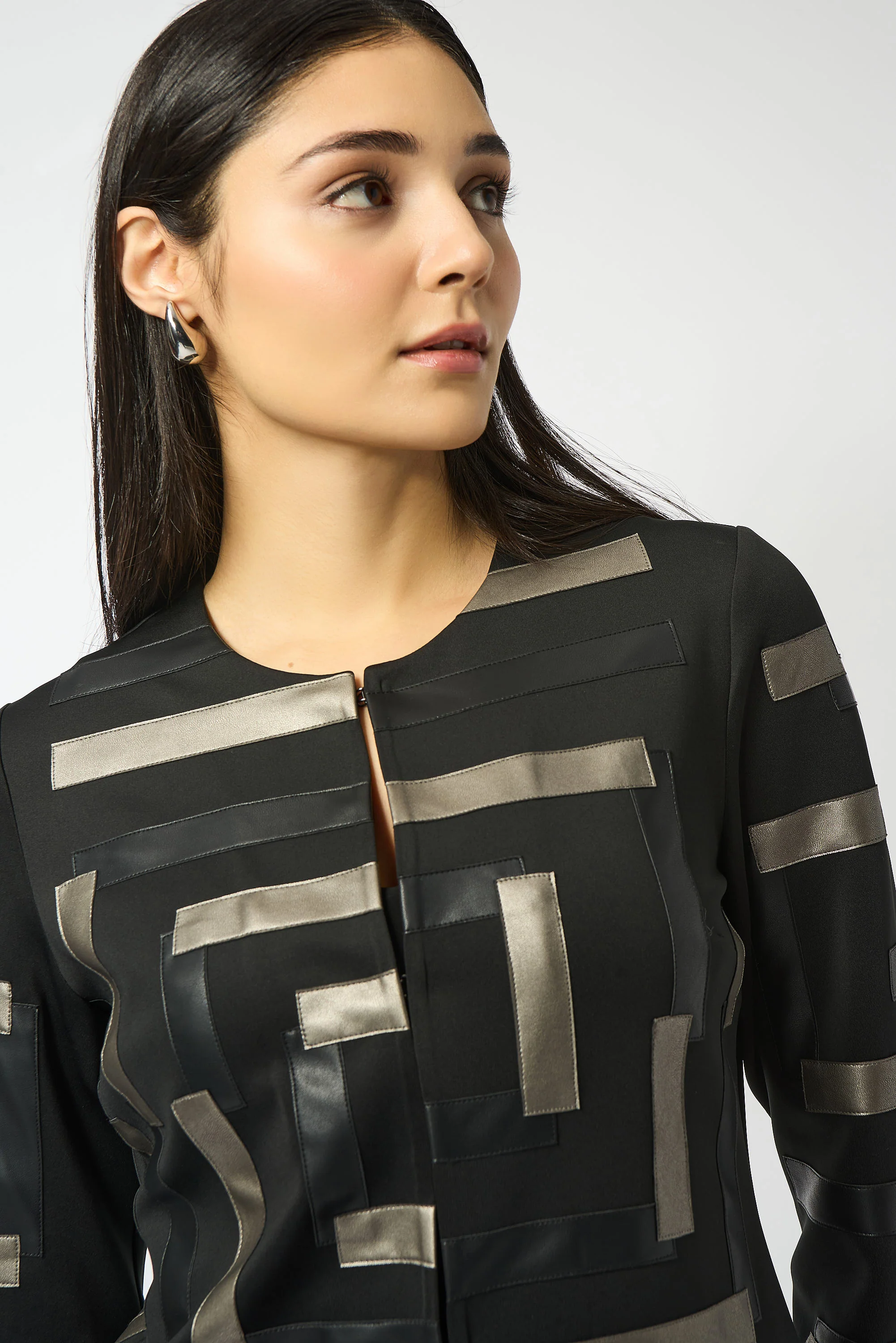 Joseph Ribkoff Black/Multi Scuba & Leatherette Collarless Jacket Style 253929 - Image 3