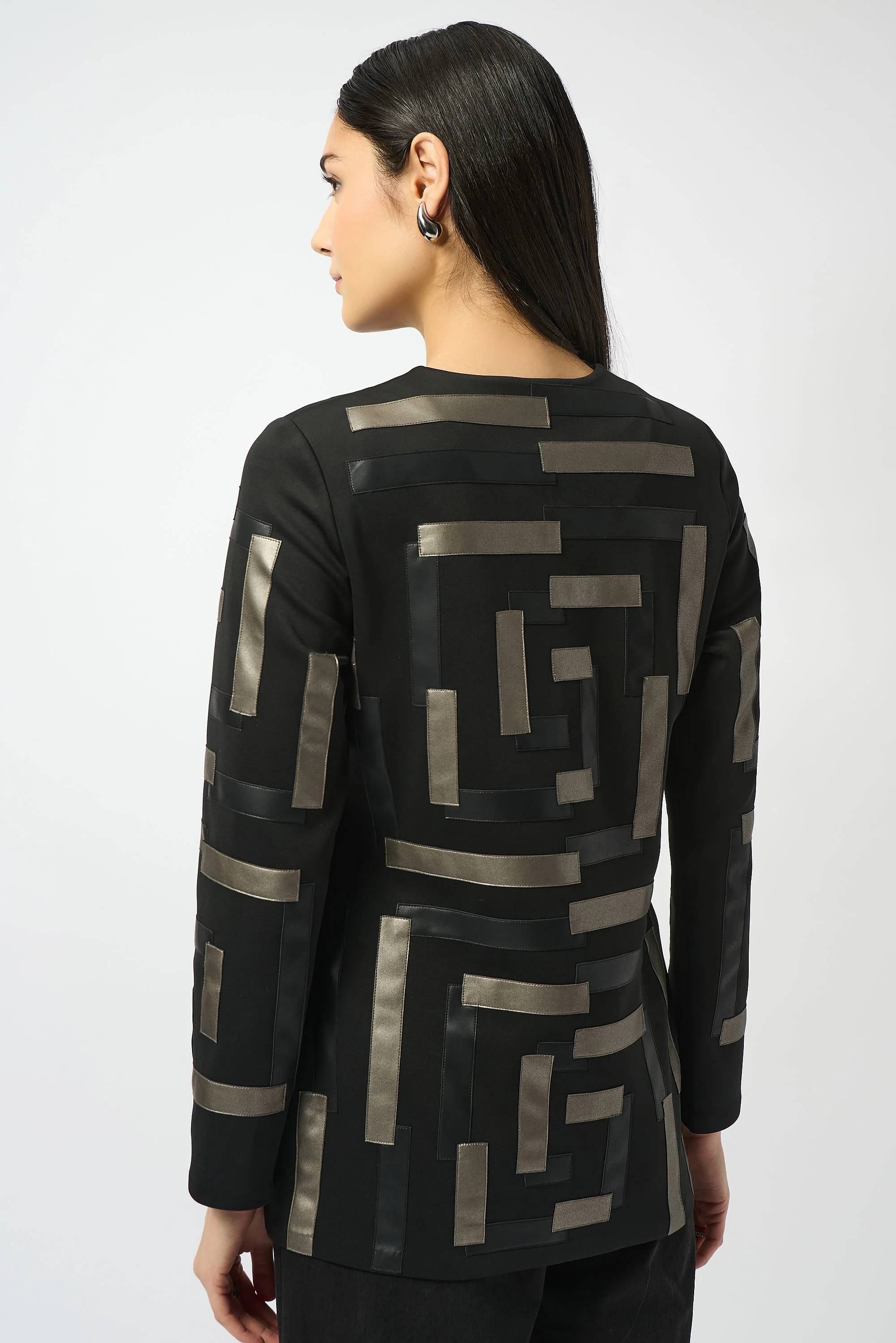 Joseph Ribkoff Black/Multi Scuba & Leatherette Collarless Jacket Style 253929 - Image 4