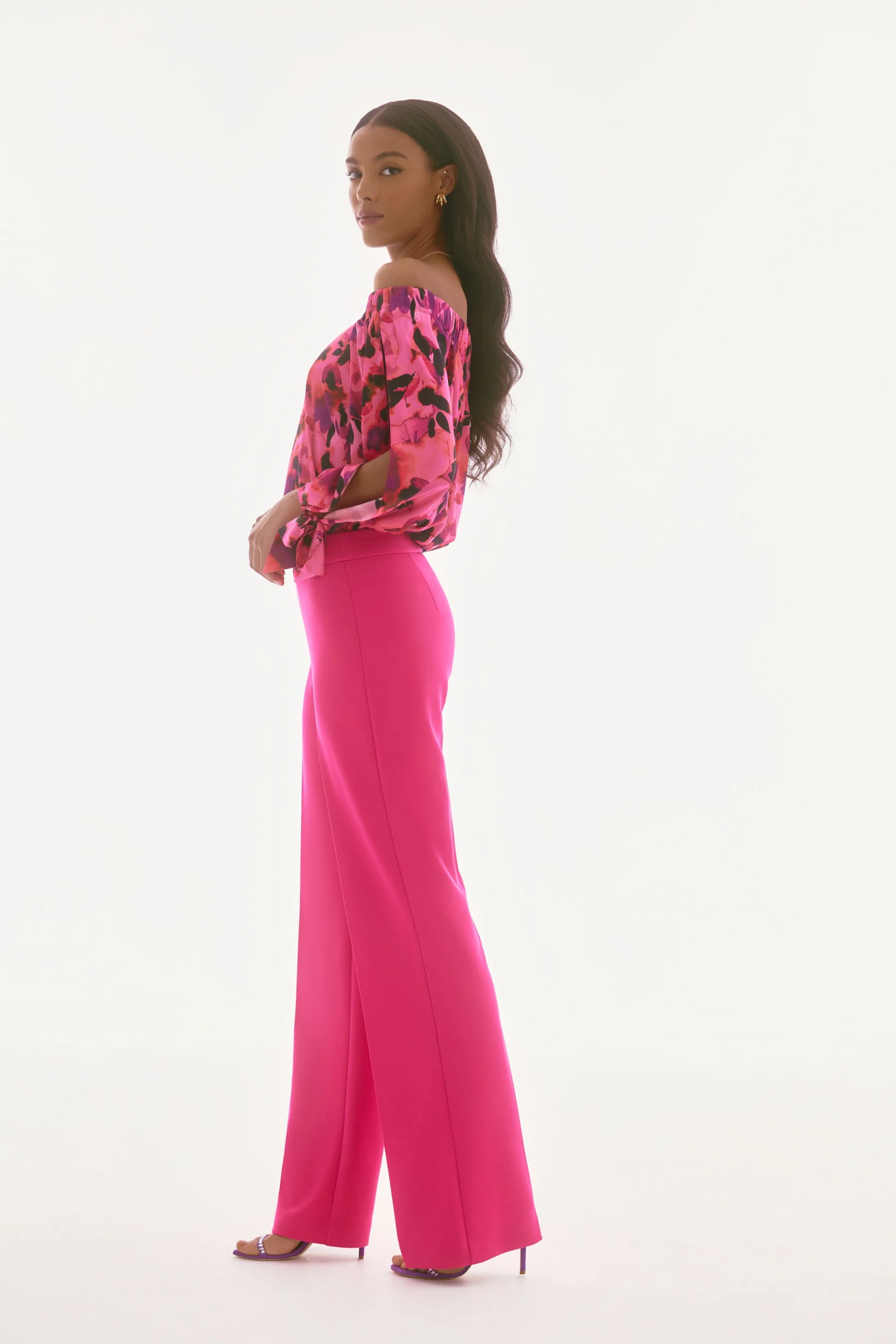 Joseph Ribkoff Black/Multi Satin Floral Print Off-Shoulder Top Style 251784 - Image 4