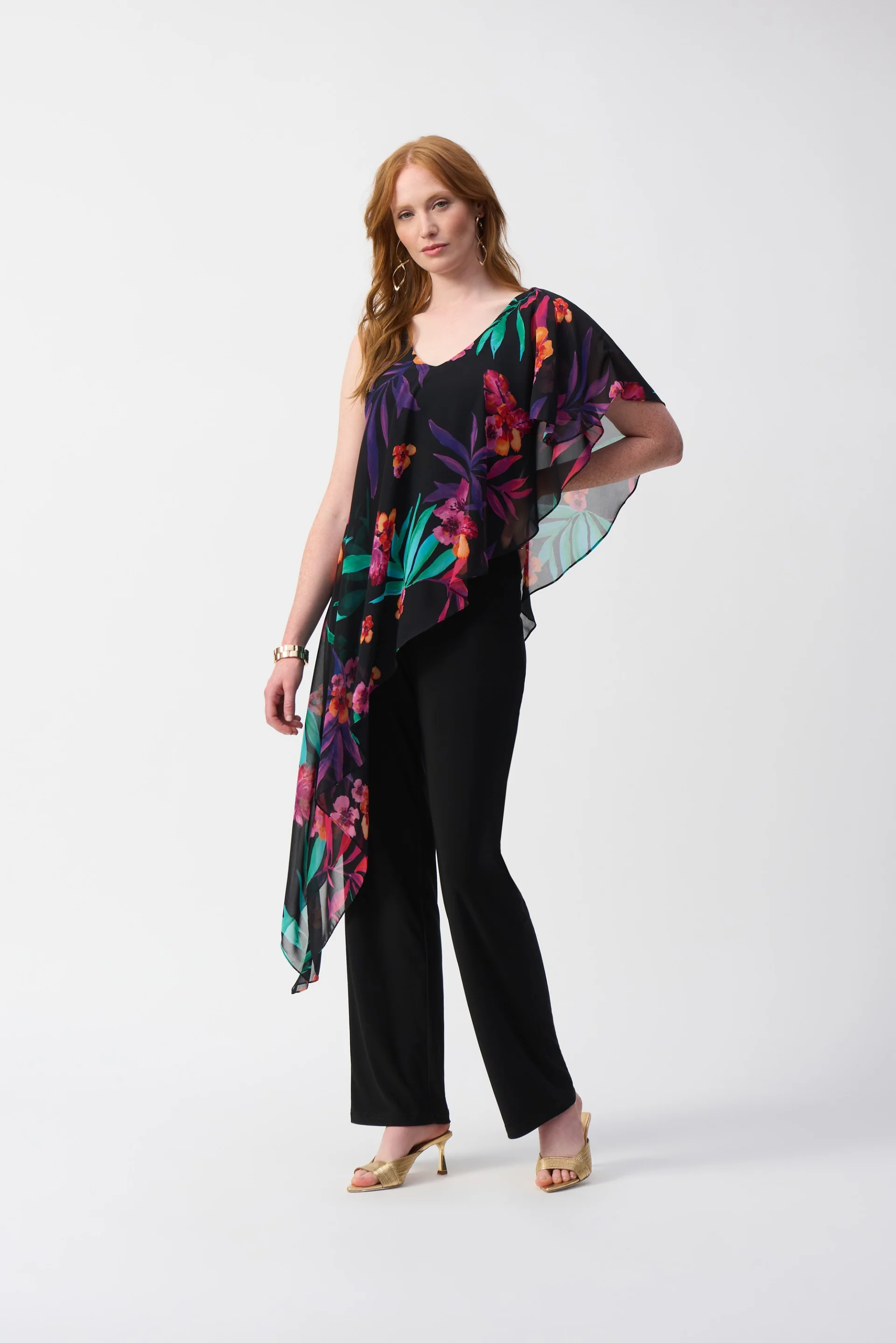 Joseph Ribkoff Black/Multi Silky Knit Jumpsuit With Tropical Chiffon Overlay Style 251152 - Image 2