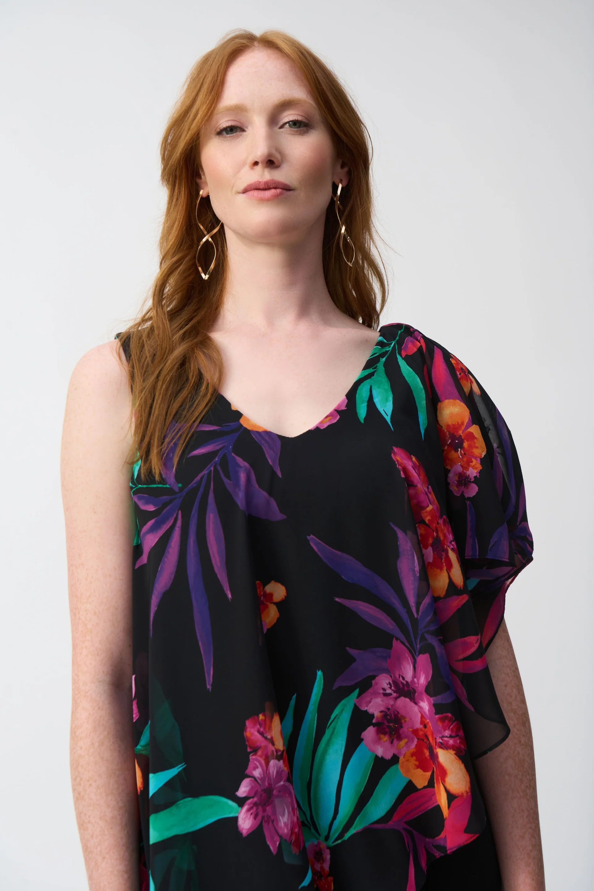 Joseph Ribkoff Black/Multi Silky Knit Jumpsuit With Tropical Chiffon Overlay Style 251152 - Image 3