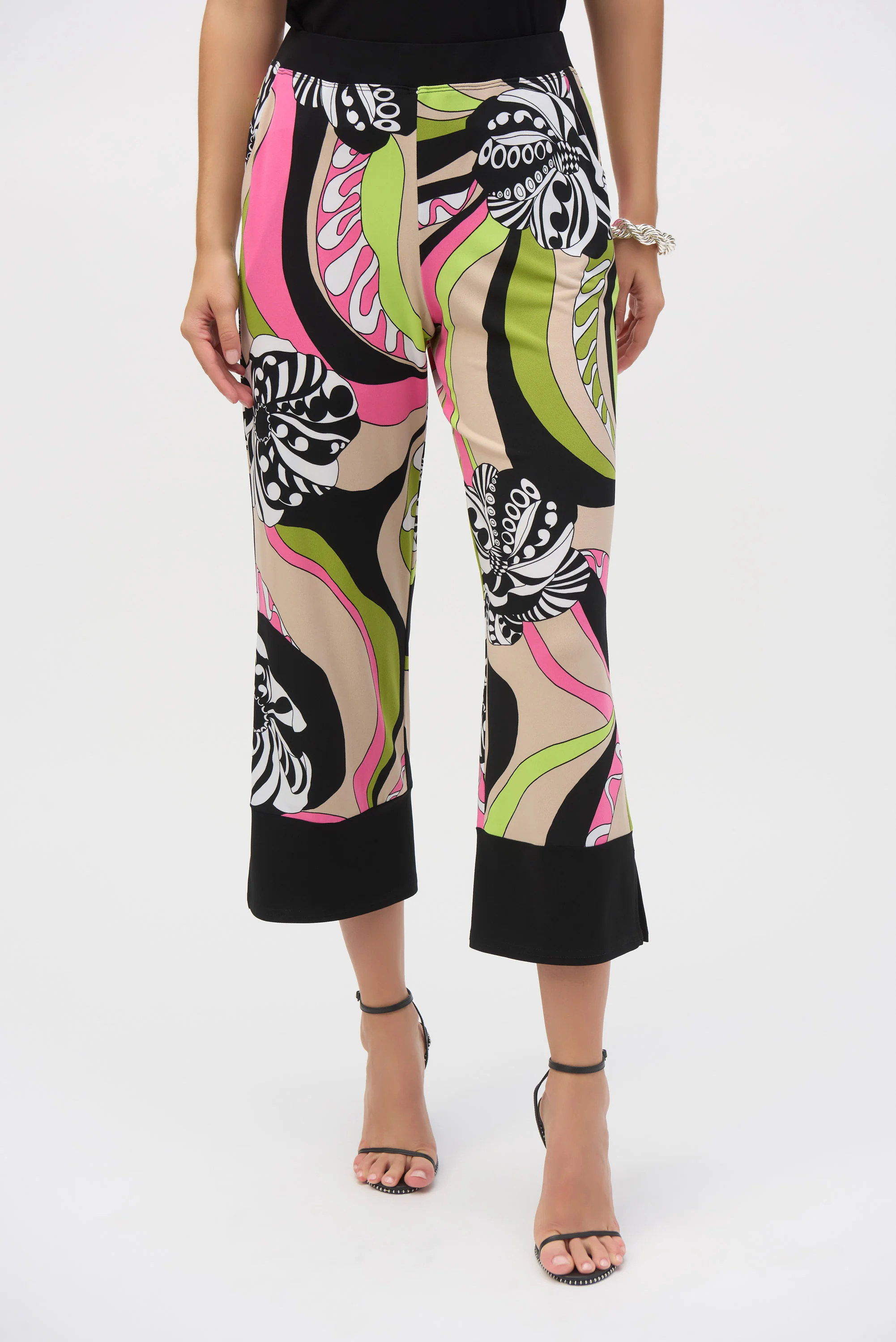 Joseph Ribkoff Black/Multi Silky Knit Retro Print Crop Pants 252107