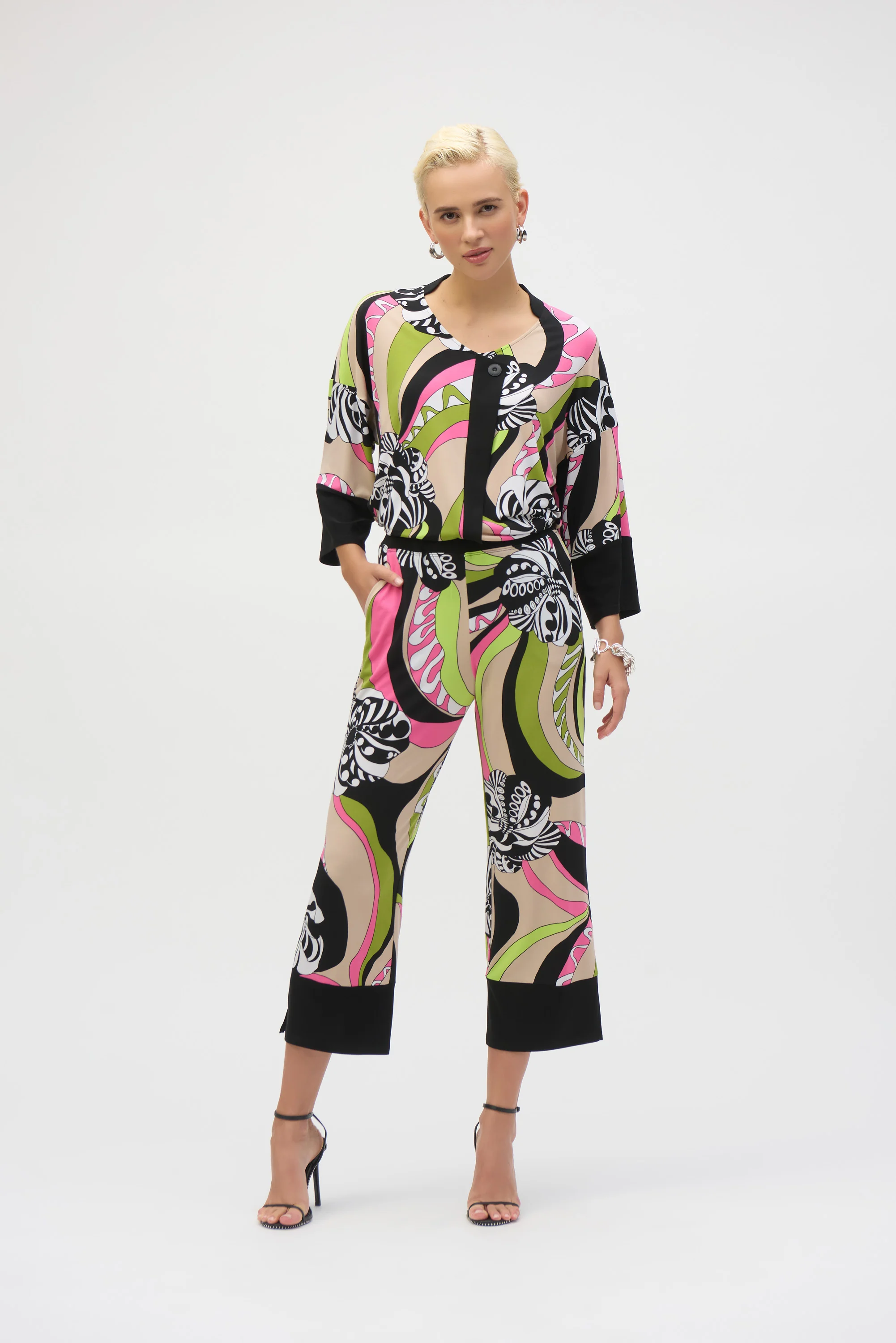 Joseph Ribkoff Black/Multi Silky Knit Retro Print Crop Pants 252107 - Image 3