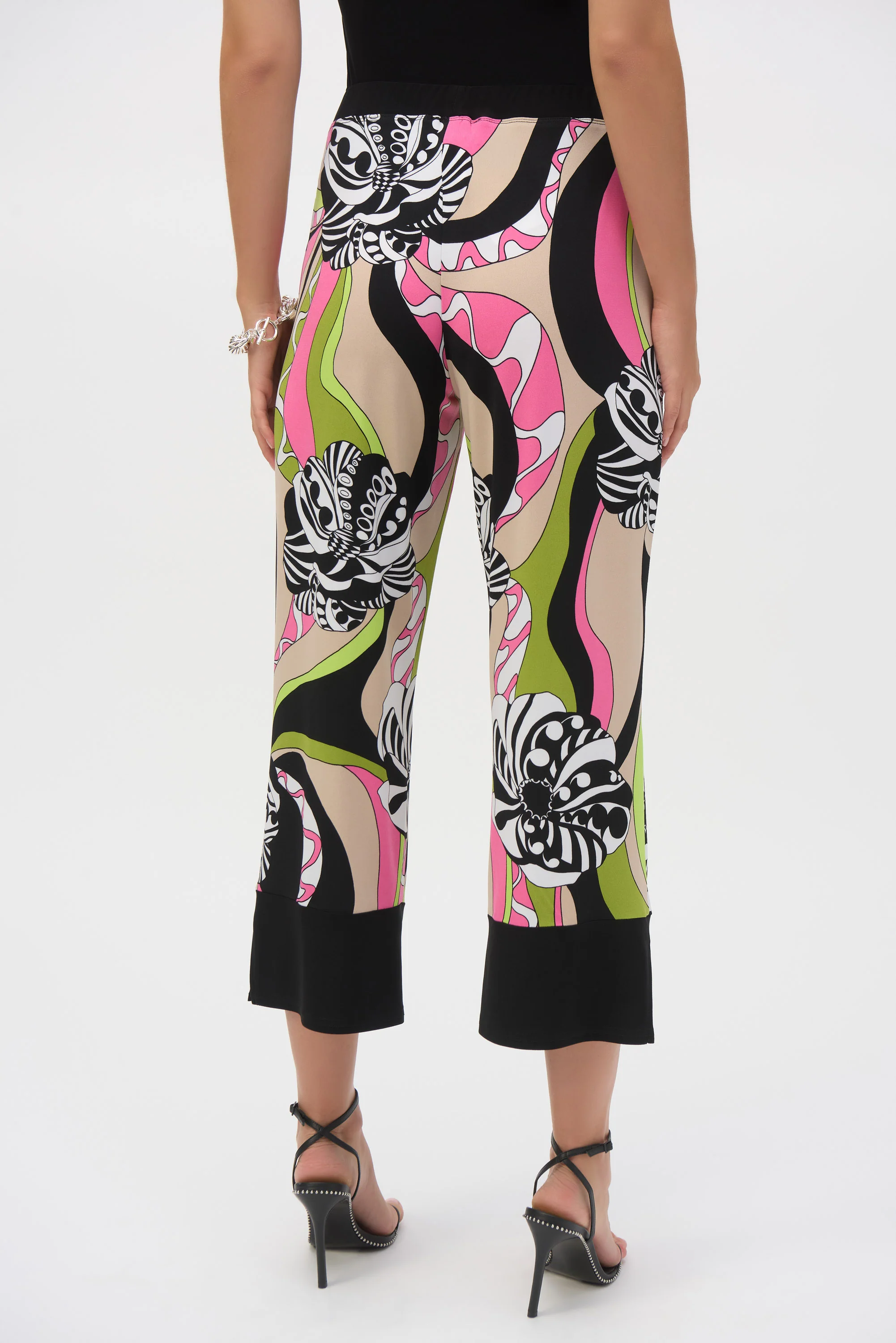 Joseph Ribkoff Black/Multi Silky Knit Retro Print Crop Pants 252107 - Image 4