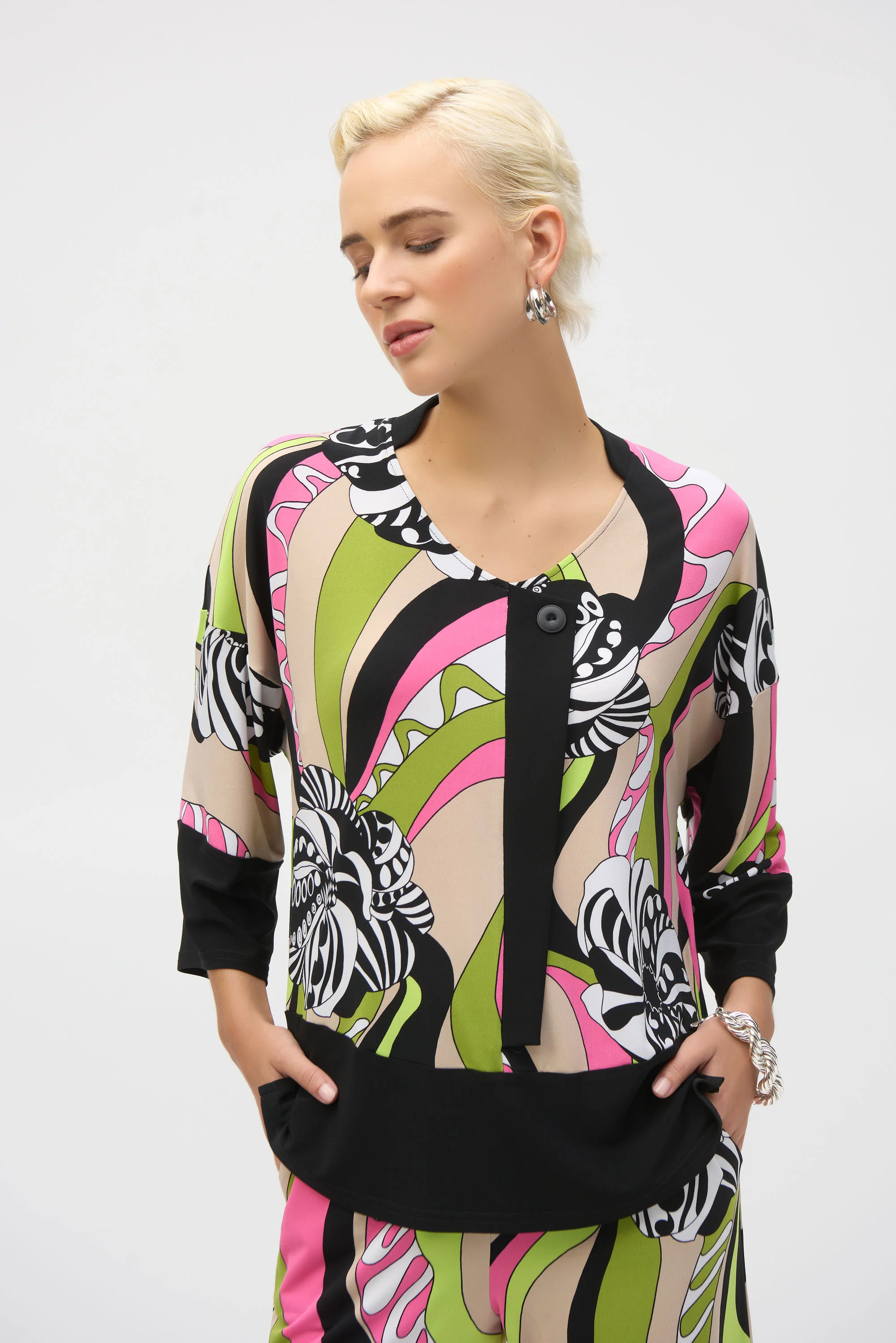 Joseph Ribkoff Black/Multi Silky Knit Retro Print Tunic Style 252106