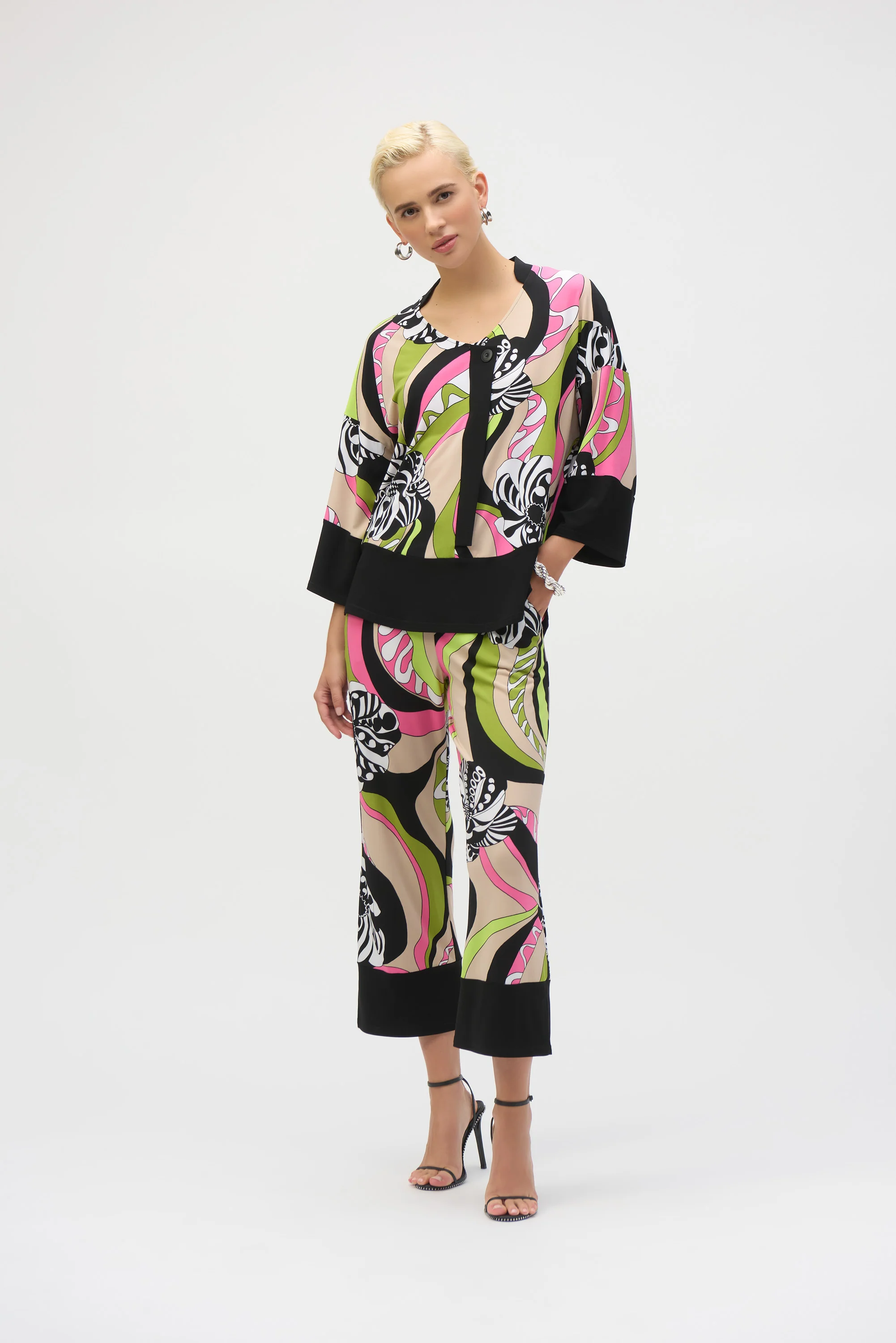 Joseph Ribkoff Black/Multi Silky Knit Retro Print Tunic Style 252106 - Image 3