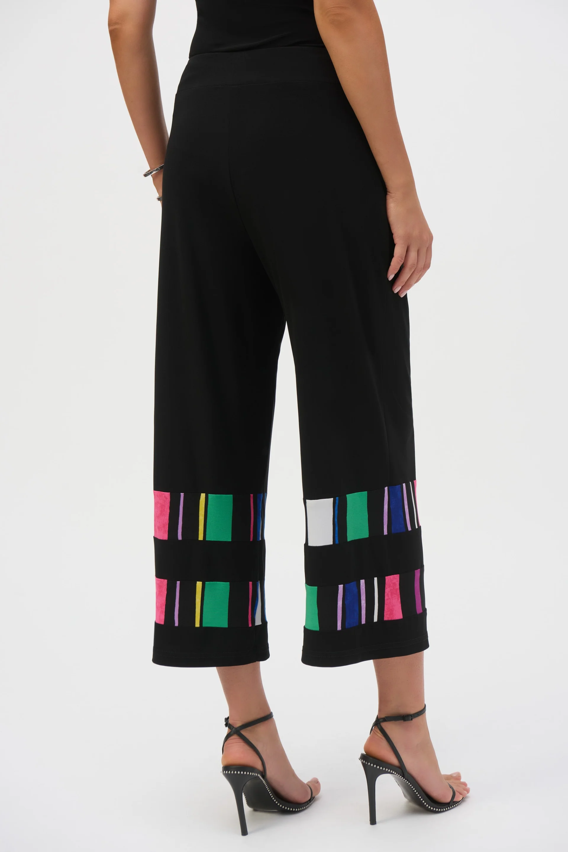 Joseph Ribkoff Black/Multi Silky Knit Stripe Print Culotte Pants Style 252051 - Image 4