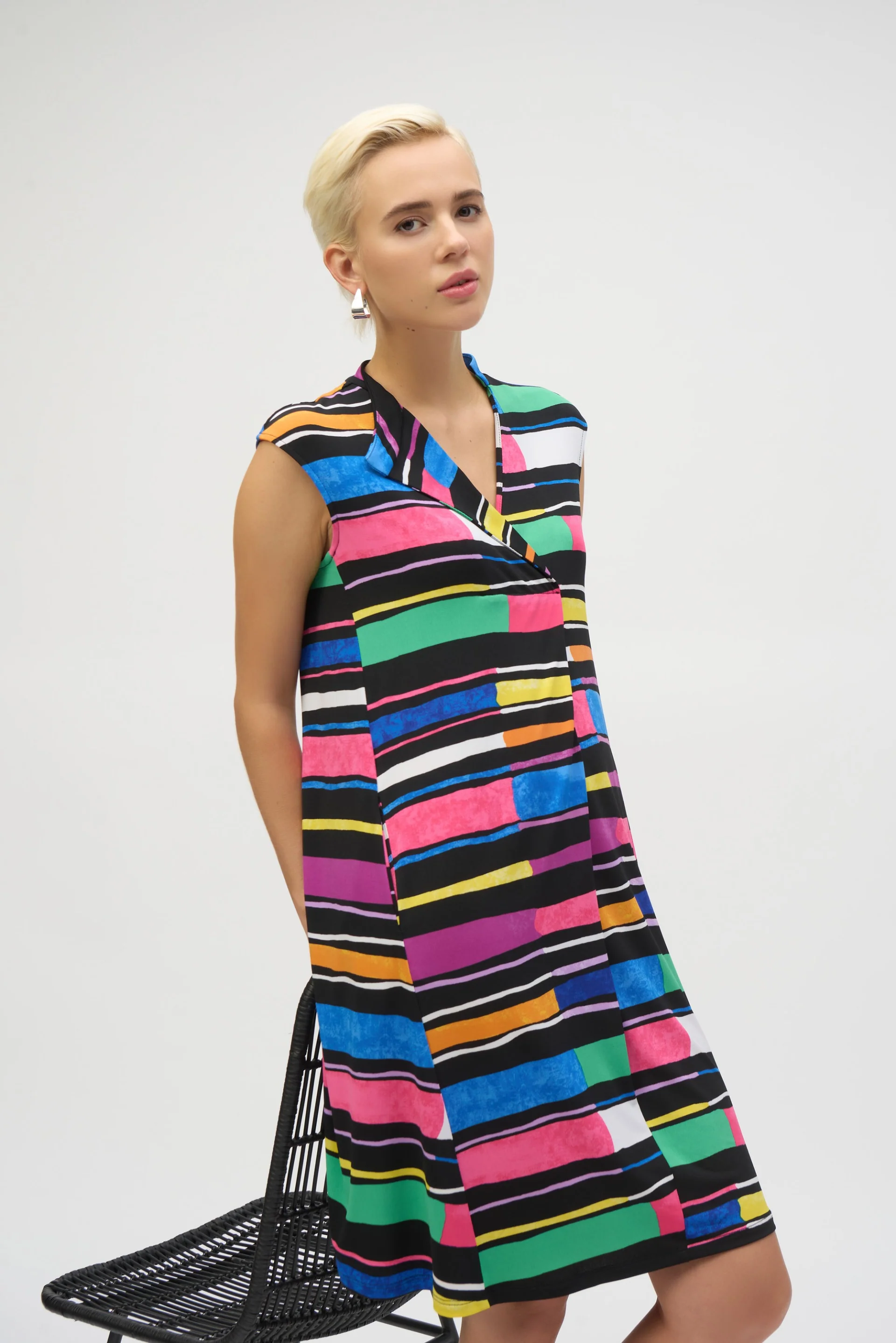 Joseph Ribkoff Black/Multi Silky Knit Stripe Print Trapeze Dress Style 252171 - Image 4