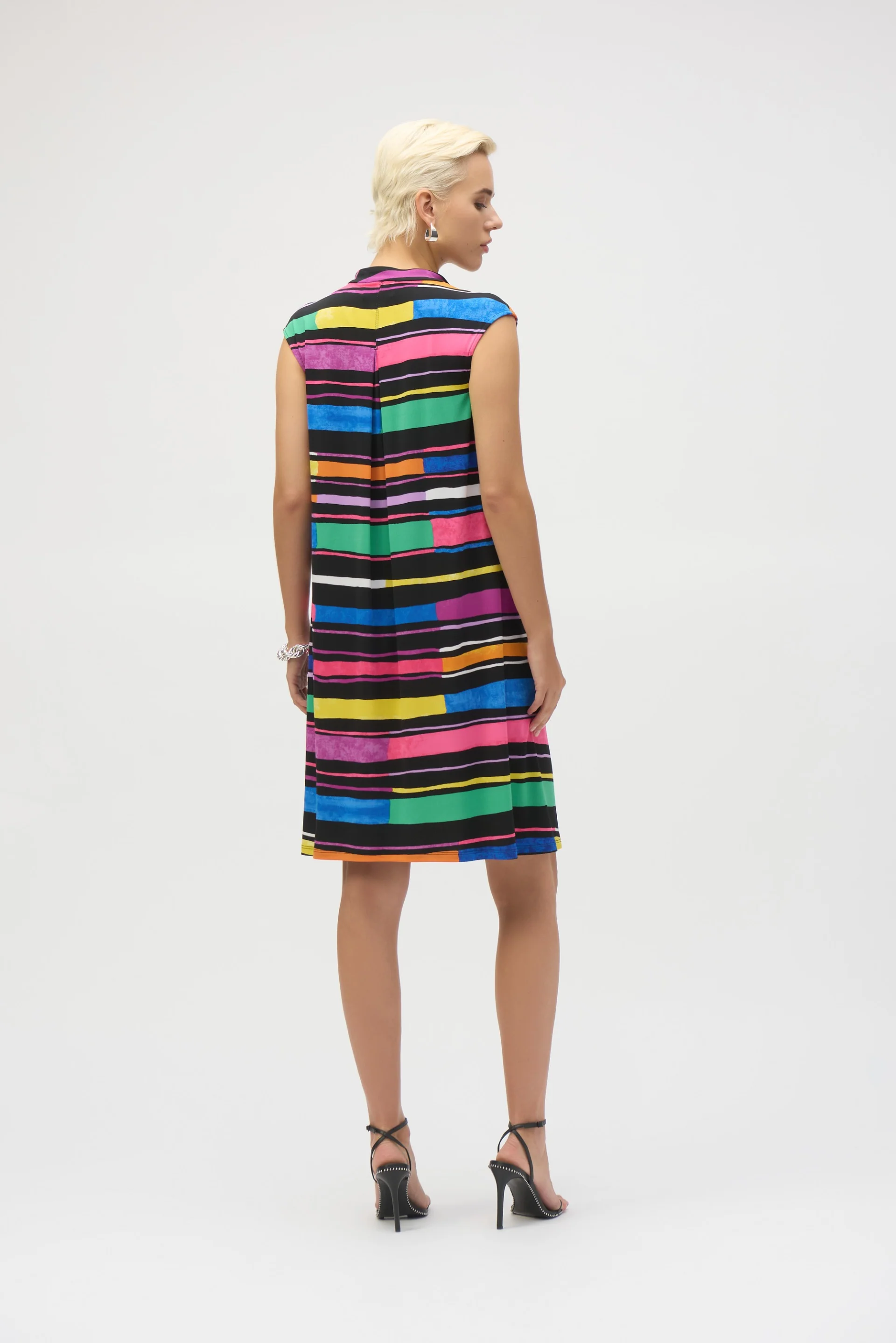 Joseph Ribkoff Black/Multi Silky Knit Stripe Print Trapeze Dress Style 252171 - Image 5