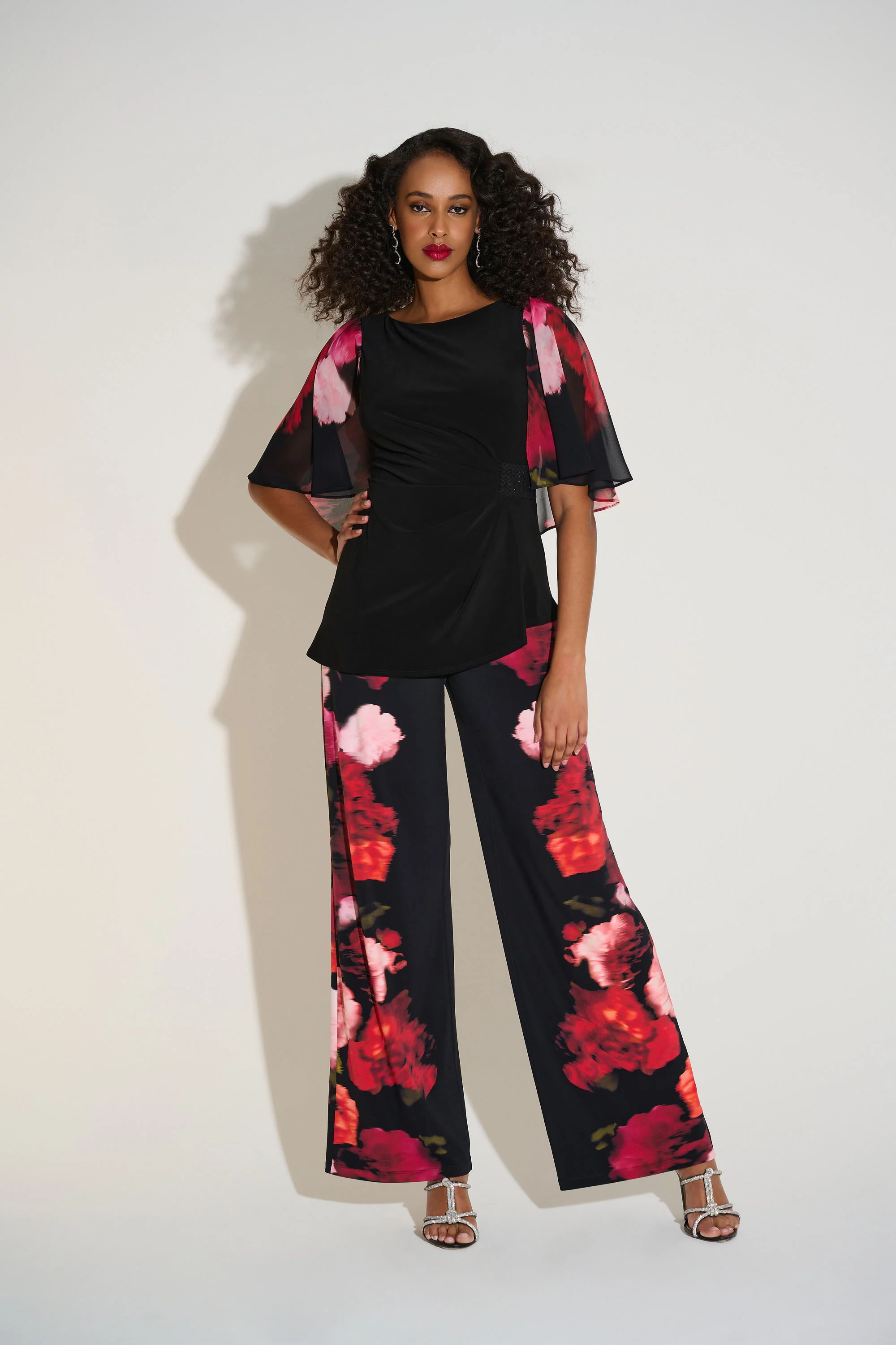 Joseph Ribkoff Black/Multi Silky Knit Top with Chiffon Floral Print Sleeves 253763 - Image 4